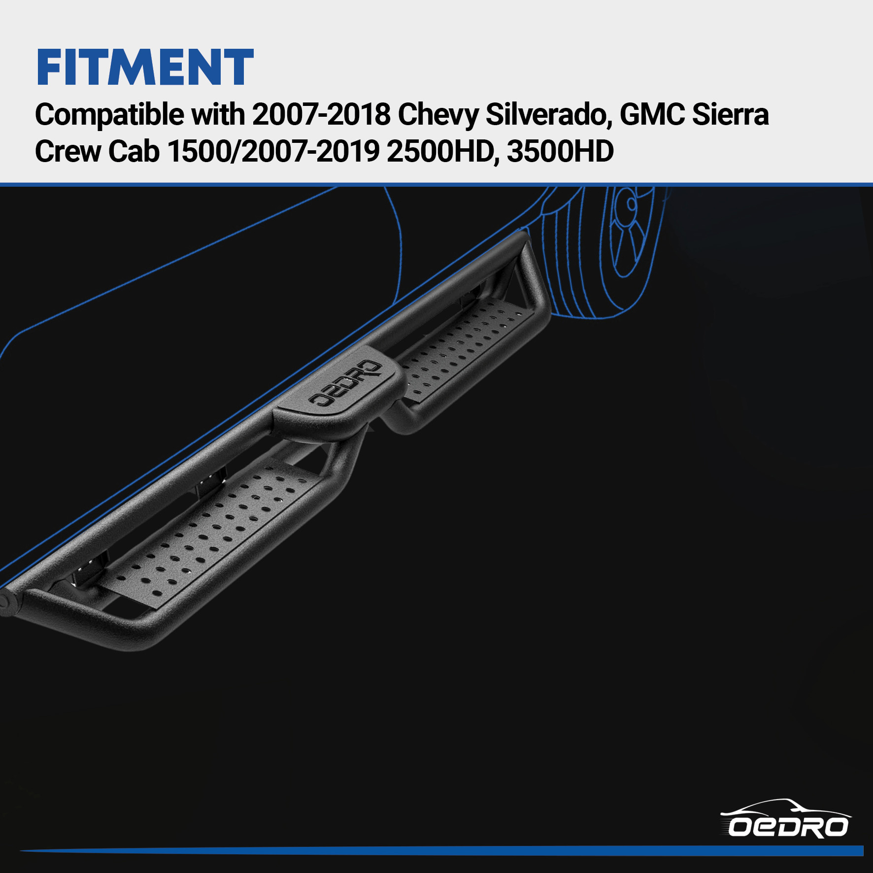 Side view of OEDRO Running Boards for 2007-2018 Chevy Silverado/GMC Sierra 1500 Crew Cab & 2007-2019 2500/3500HD
