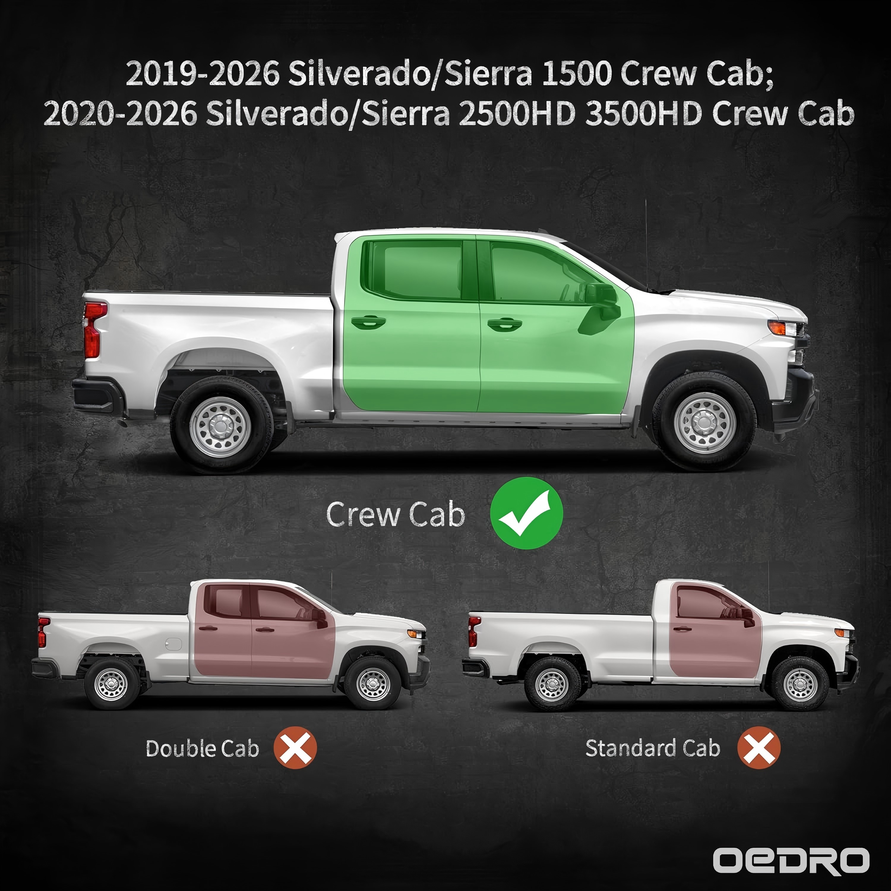Side view of OEDRO 6'' Running Boards for 2019-2026 Chevy Silverado/GMC Sierra 1500, 2020-2026 Chevy Silverado/GMC 2500HD 3500HDCrew Cab(Excl. 2019 1500LD/Limited)