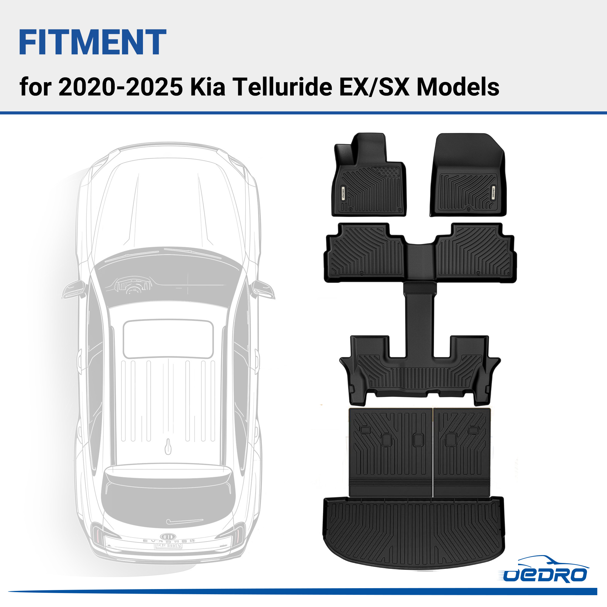 Side view of OEDRO Floor Mats Liner Set with Backrest for 2020-2025 Kia Telluride EX SX  Models 7 & 8 Seats, with 2nd Bucket Seats Without Center Console