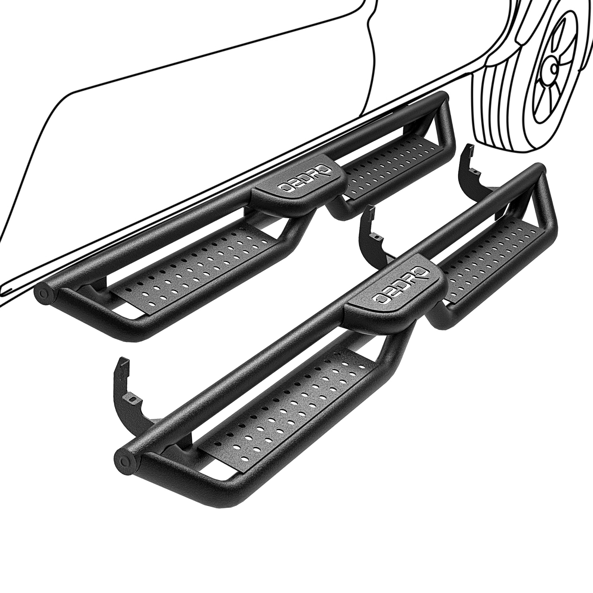 Side view of 6" Running Boards for 2015-2026 Chevy Colorado/GMC Canyon Crew Cab, Bolt-on Side Two Stairs Steps Steel Nerf Bars