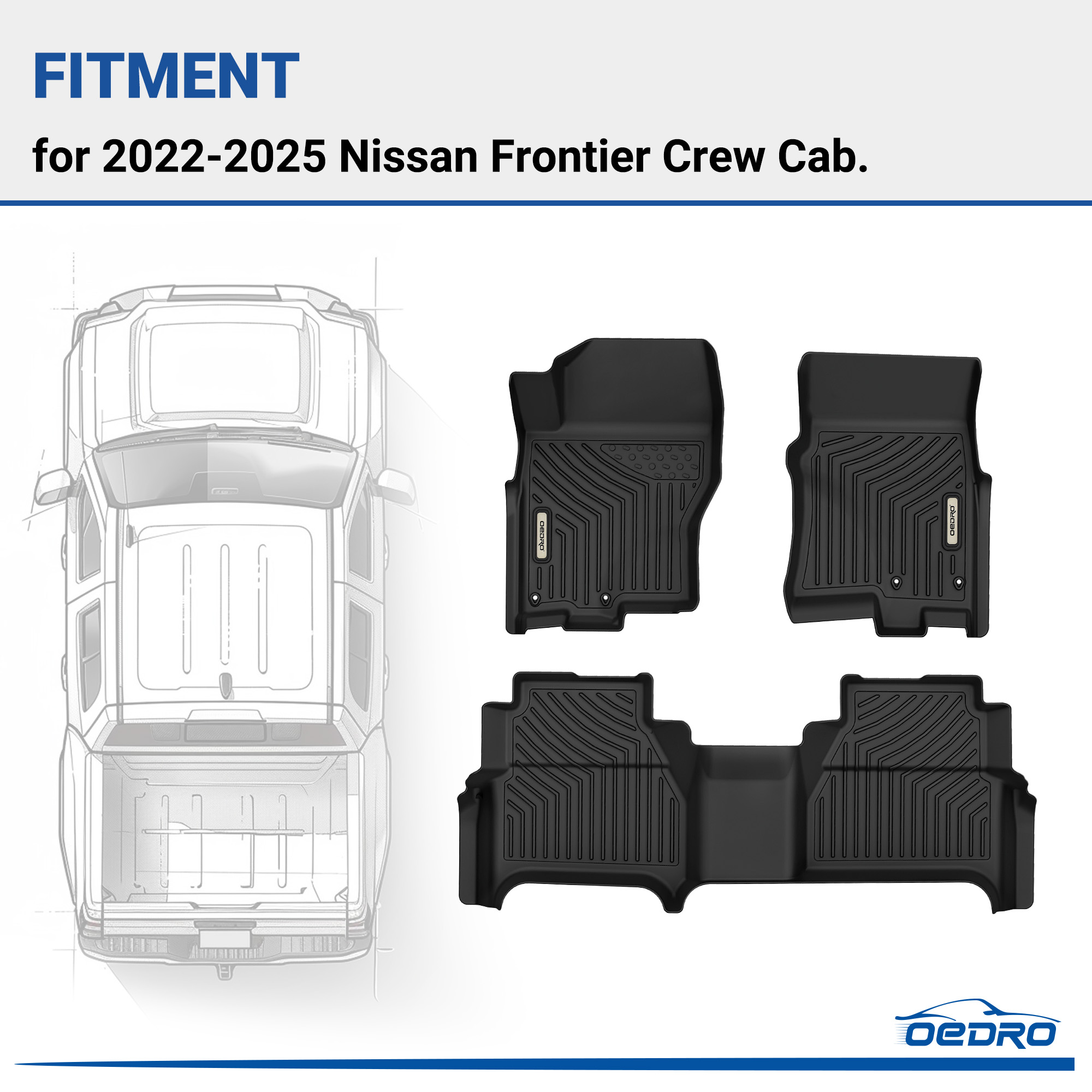 Side view of OEDRO Floor Mats for 2022-2026 Nissan Frontier Crew Cab w/ 2nd Row Under-Seat Storage, Black TPE All-Weather Guard Floor Liners
