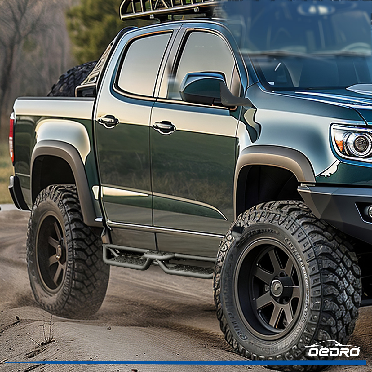 Side view of 6" Running Boards for 2015-2026 Chevy Colorado/GMC Canyon Crew Cab, Bolt-on Side Two Stairs Steps Steel Nerf Bars