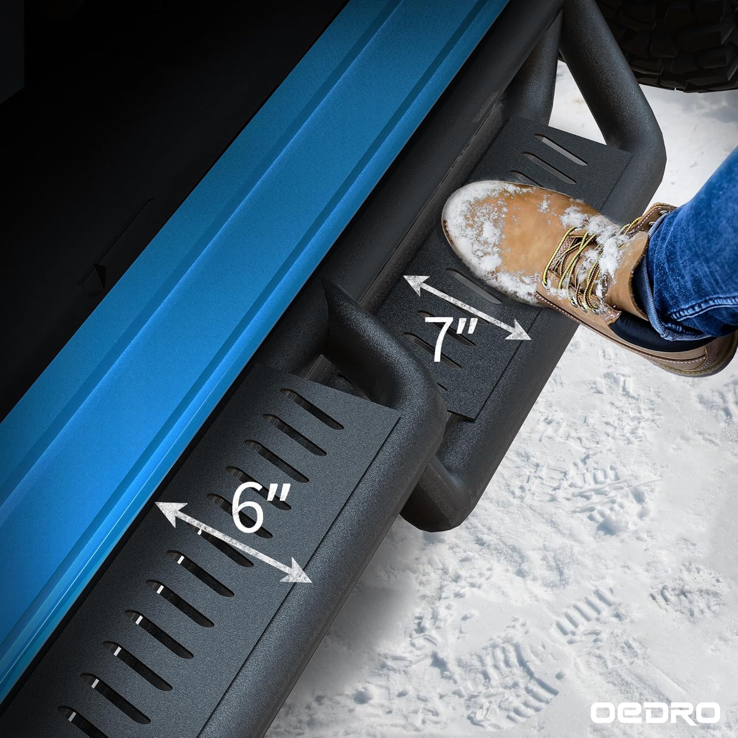 Side view of Running Boards Compatible with 2022-2026 Tundra Crewmax Cab(2 3/4 Size Rear Doors), 2-Stairs Side Step Rails Black Powder Coated Nerf Bars