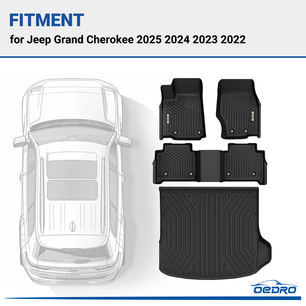 Side view of OEDRO Floor Mats Set for 2022-2025 Jeep Grand Cherokee Custom Fit All Weather Front & Rear Row Car Floor Mats Set