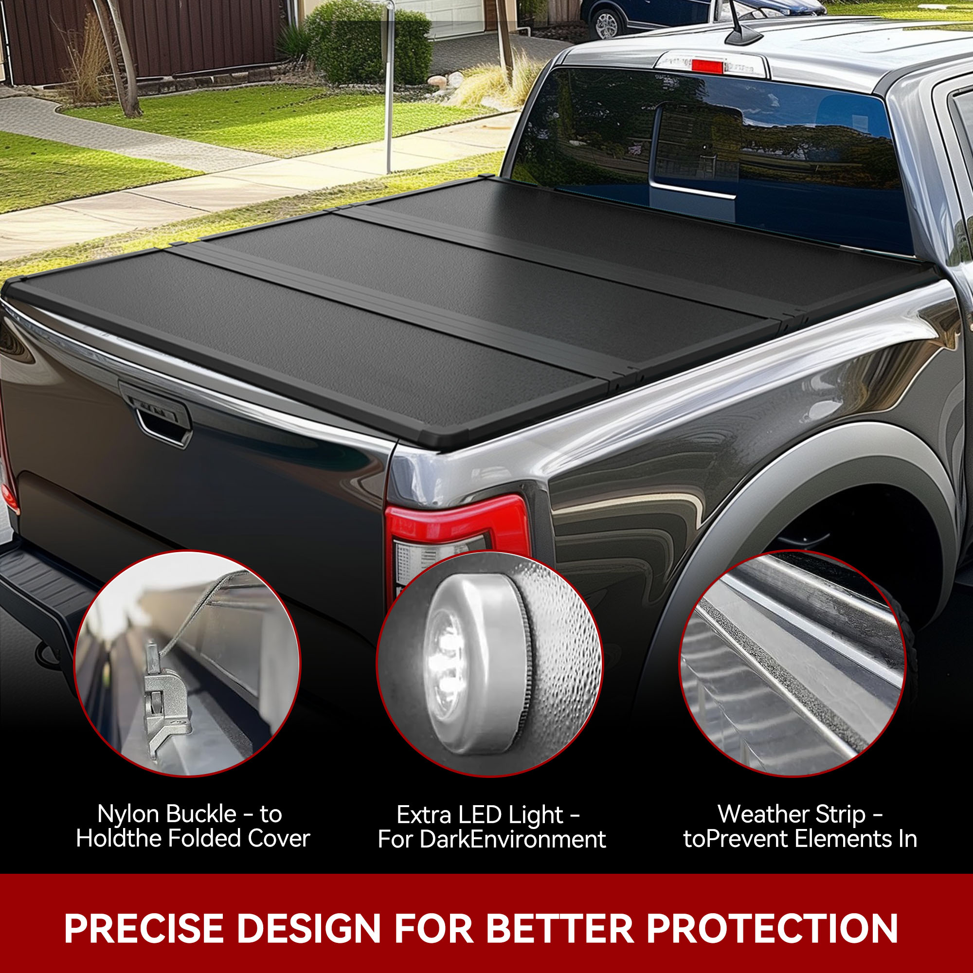 Side view of Hard Tri-fold Truck Bed Tonneau Cover Compatible with Jeep Gladiator 5ft Bed 2020 2021 2022 2023 2024 2025 2026 JT w/or w/o Trail Rail System