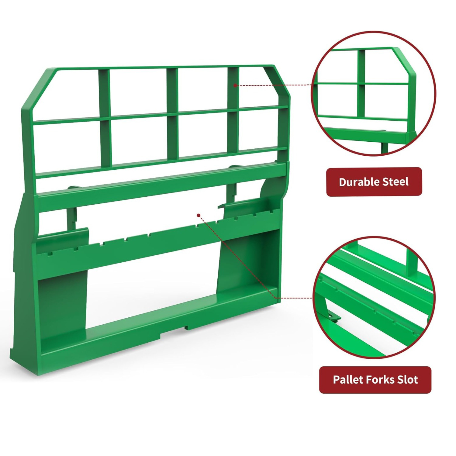 Side view of YITAMOTOR® 4000lbs Pallet Fork Frame, 46" Skid Steer Pallet Fork Frame for Kubota Bobcat Skid Steer Loaders Tractors, Green Steel
