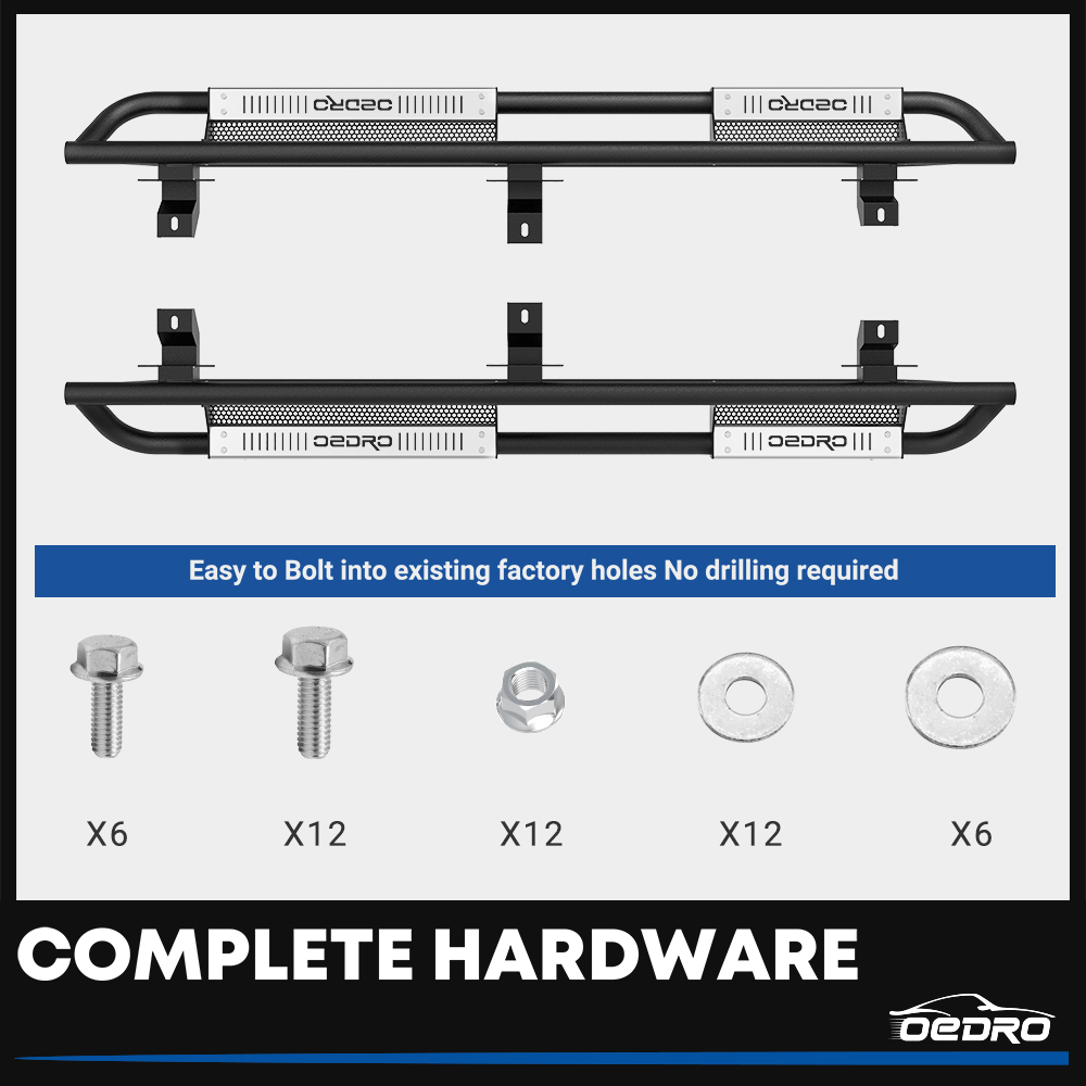 Side view of OEDRO 6" Running Boards for 2018-2026 Jeep Wrangler JL & Unlimited 4 Door, Black Silver Powder Coated Nerf Bar