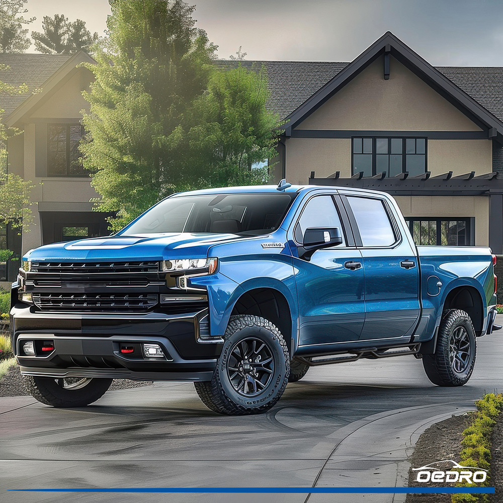 Side view of OEDRO Running Boards for 2019-2026 Chevy Silverado/ GMC Sierra 1500 Double Cab; 2020-2026 Silverado/ Sierra 2500HD 3500HD