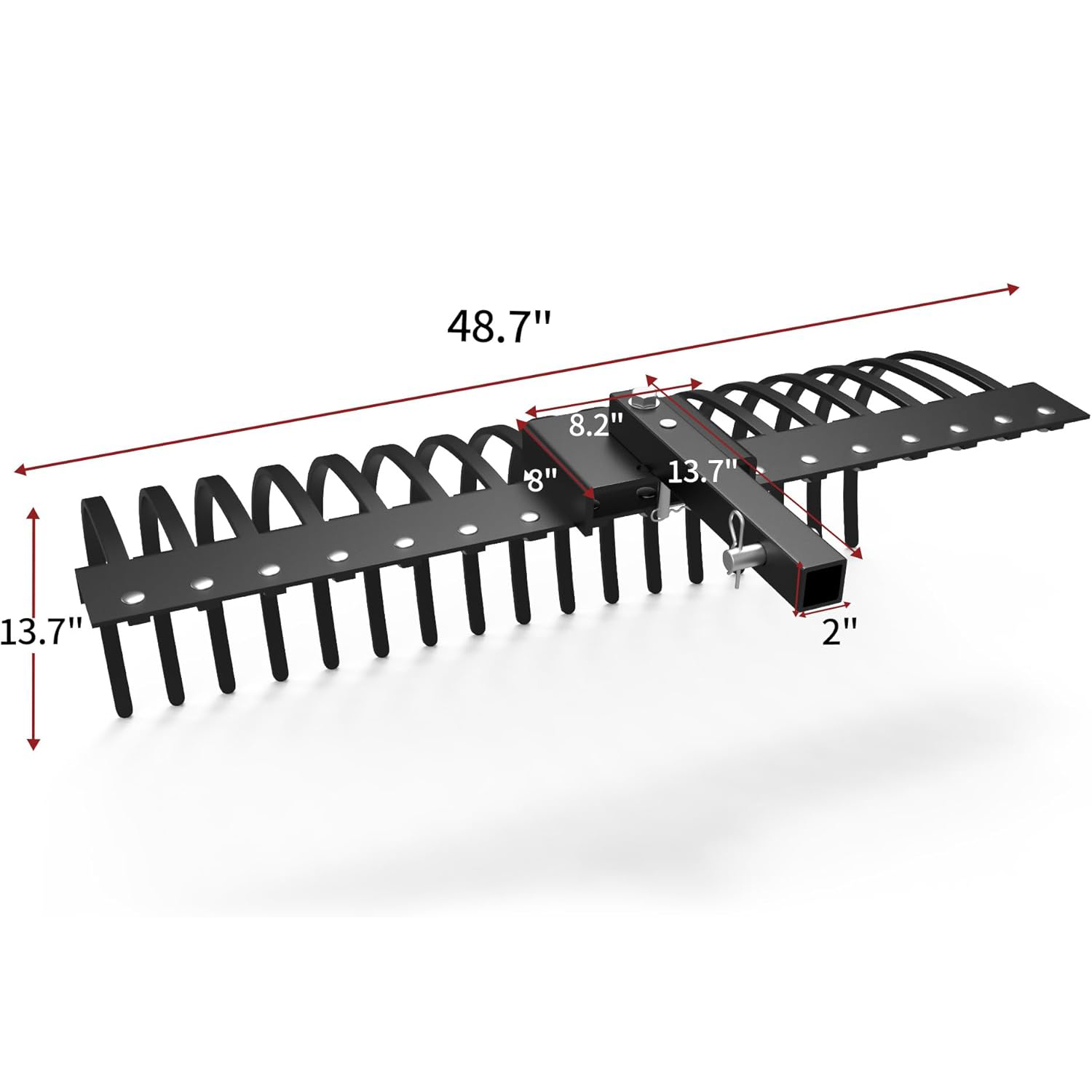 Side view of YITAMOTOR® Tractors Rake 17 Pine Straw Rake Fits 2" Receiver for Lawn Tractors or ATV/UTV