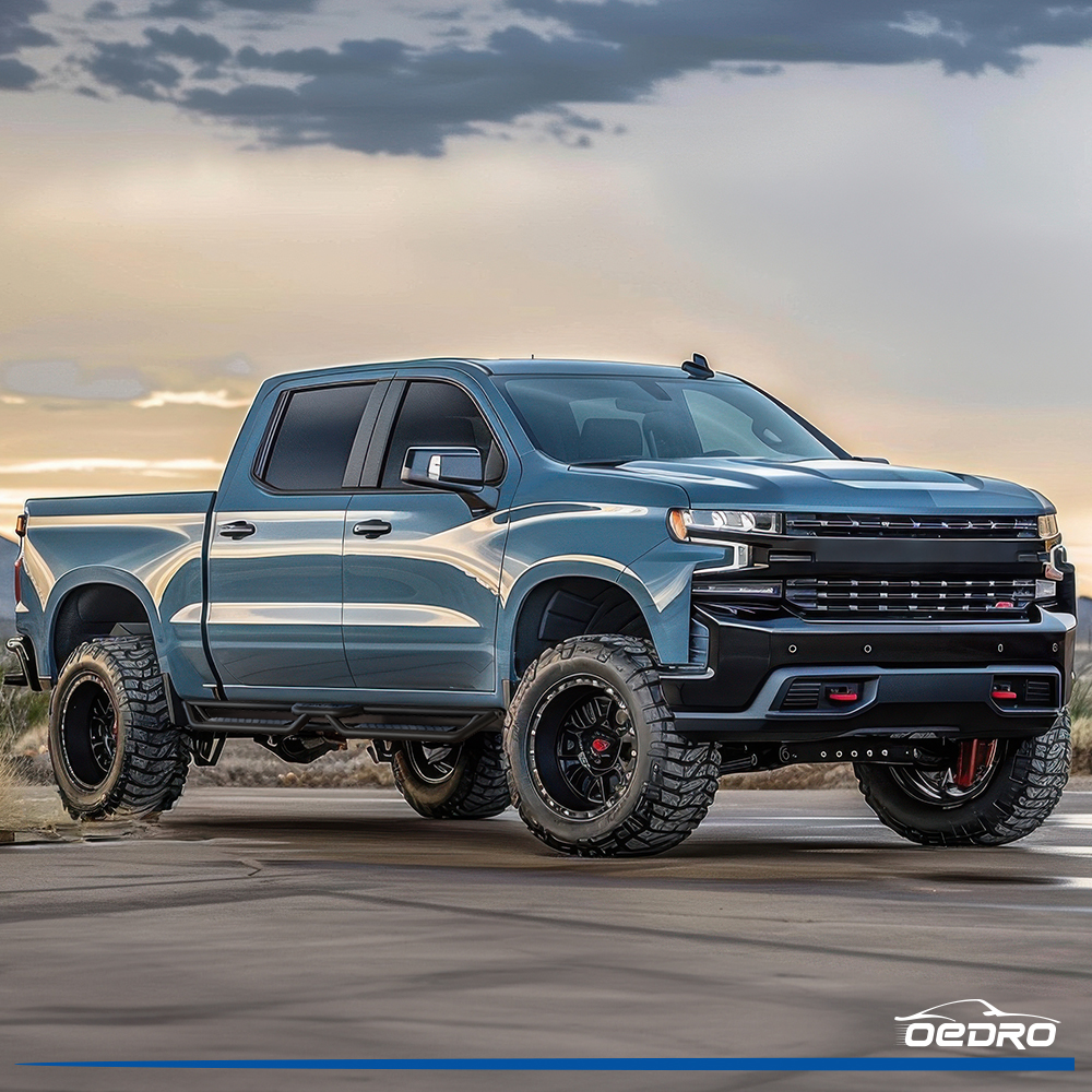Side view of OEDRO Running Boards for 2019-2026 Chevy Silverado/ GMC Sierra 1500 Double Cab; 2020-2026 Silverado/ Sierra 2500HD 3500HD