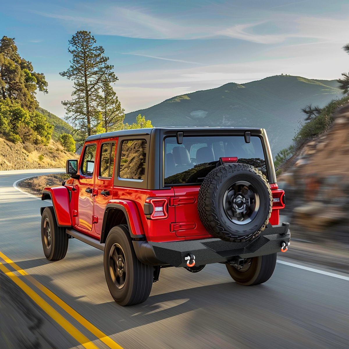 Side view of YITAMOTOR® 07-18 Jeep Wrangler JK JKU Rubicon Sahara Sports Rear Bumper with Tire Carrier & 2" Hitch Receiver