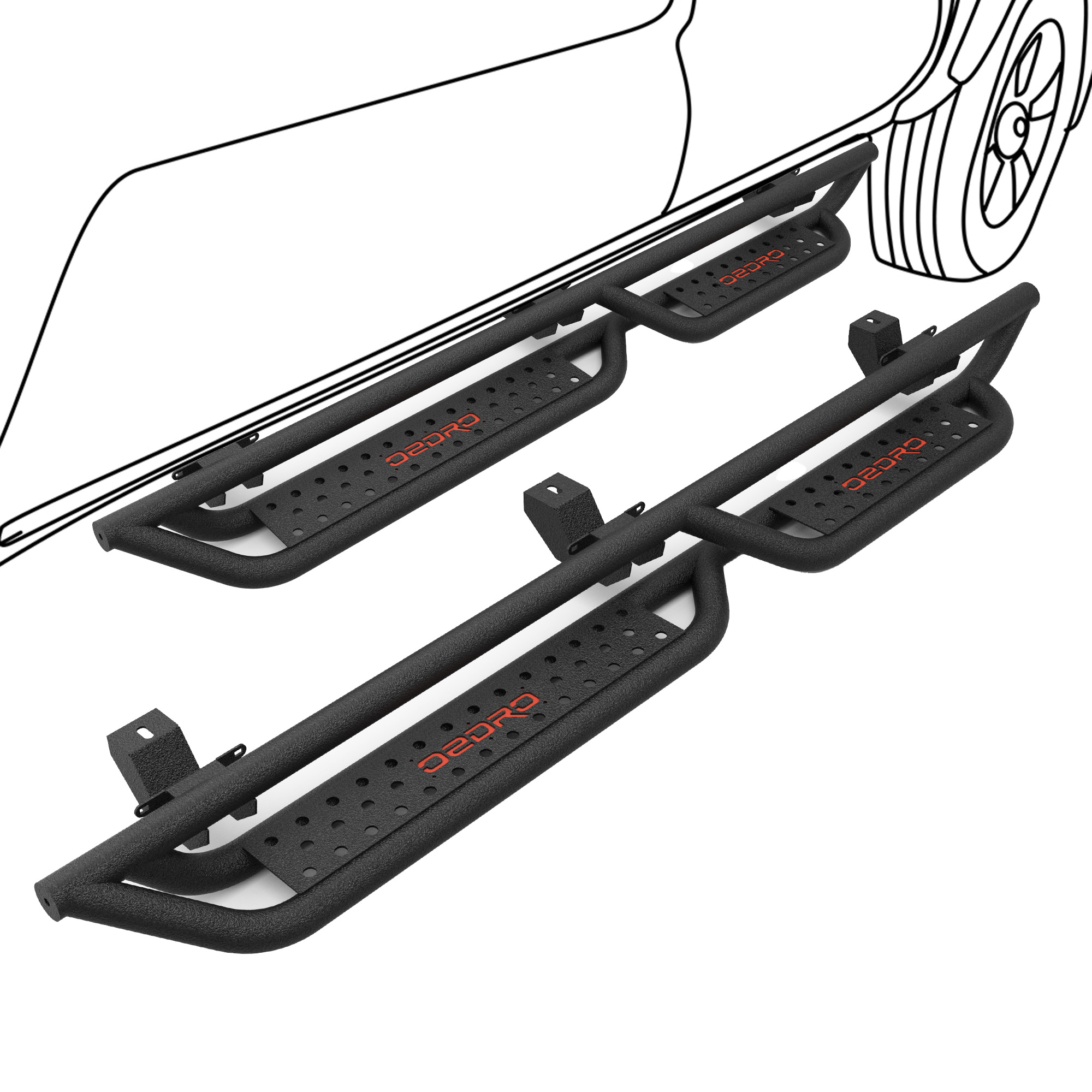 Side view of OEDRO All-Steel Build Running Boards Compatible with 2018-2026 Jeep Wrangler JL 4 Door, Bolt-on Side Steps with Leaf Shaped Design,Black Powder Coated