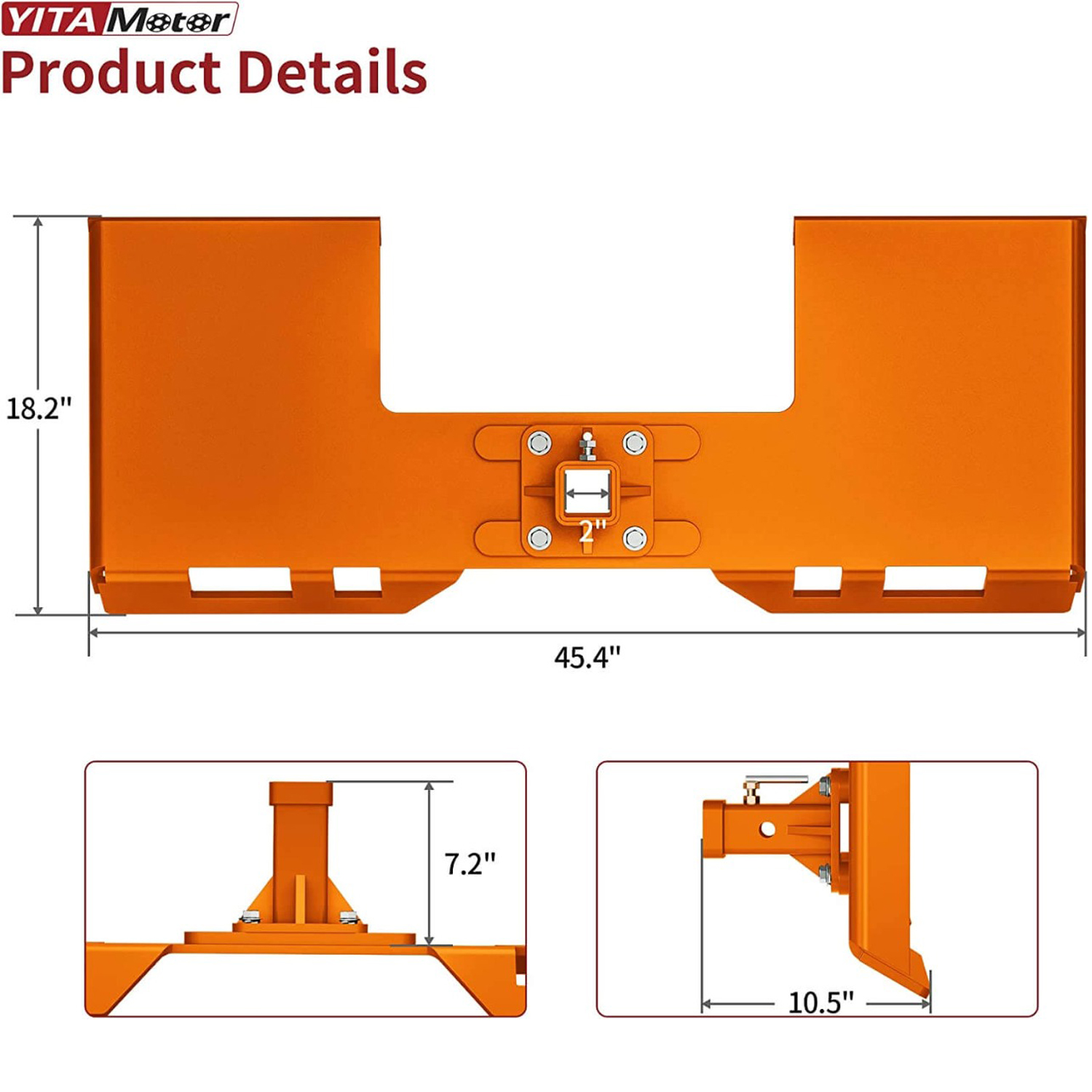 Side view of YITAMOTOR® Skid Steer 3/8" Thick Mount Plate with 2" Removable Trailer Hitch Receiver, Orange