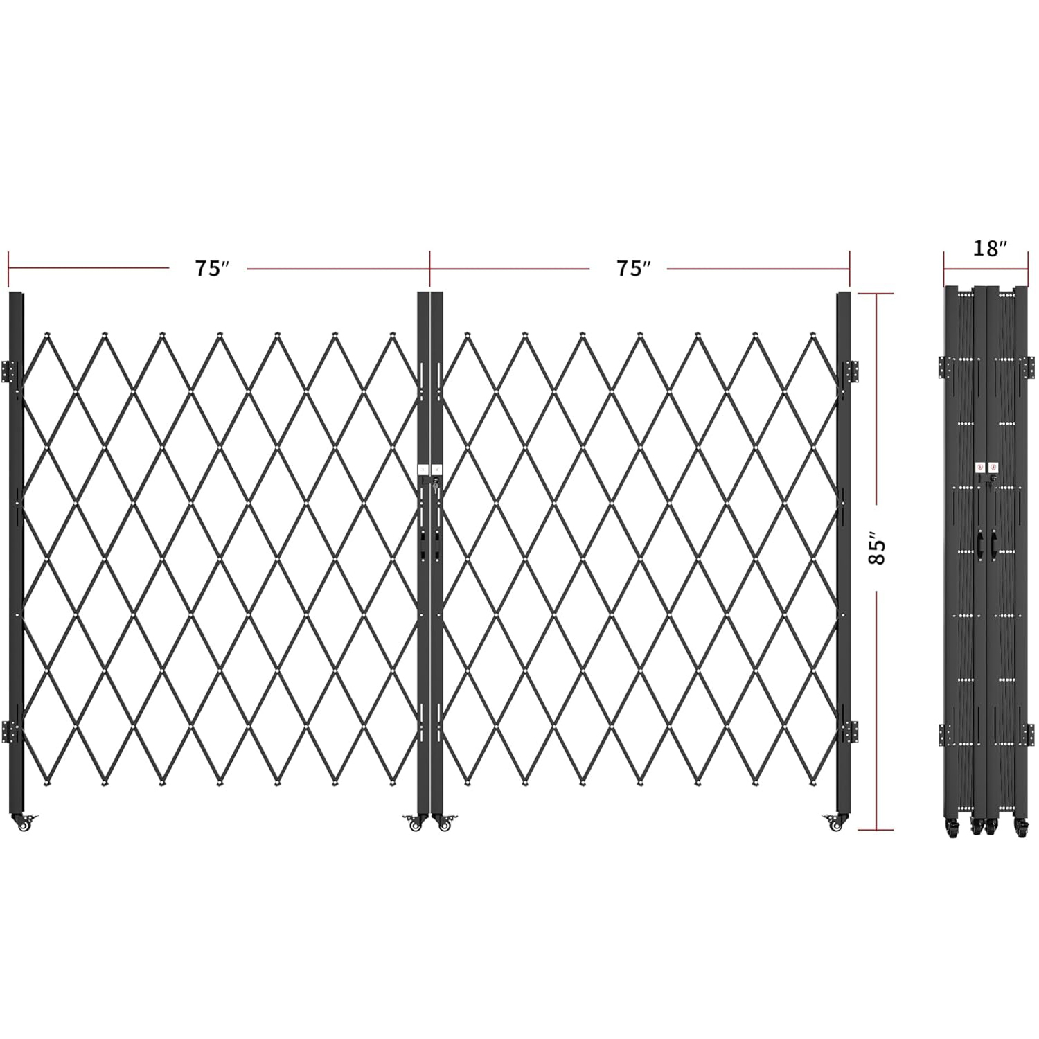 Side view of Double Folding Security Gate, 85" H x 150" W, Steel Accordion Design, 360° Rolling, Barricade Gate with Keys, Aluminium Mesh