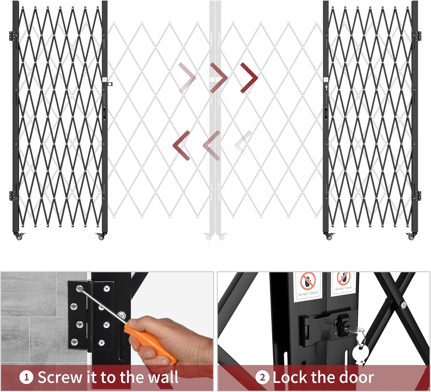 Side view of Double Folding Security Gate, 85" H x 150" W, Steel Accordion Design, 360° Rolling, Barricade Gate with Keys, Aluminium Mesh