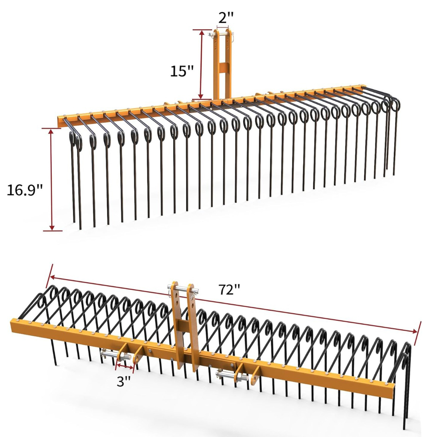 Side view of YITAMOTOR® 72" Durable Powder Coated Steel Pine Straw Rake Steel Spring Landscape Rake Attaches to Cat 0 Cat 1,3 Point Hitch for Tractor, Yellow