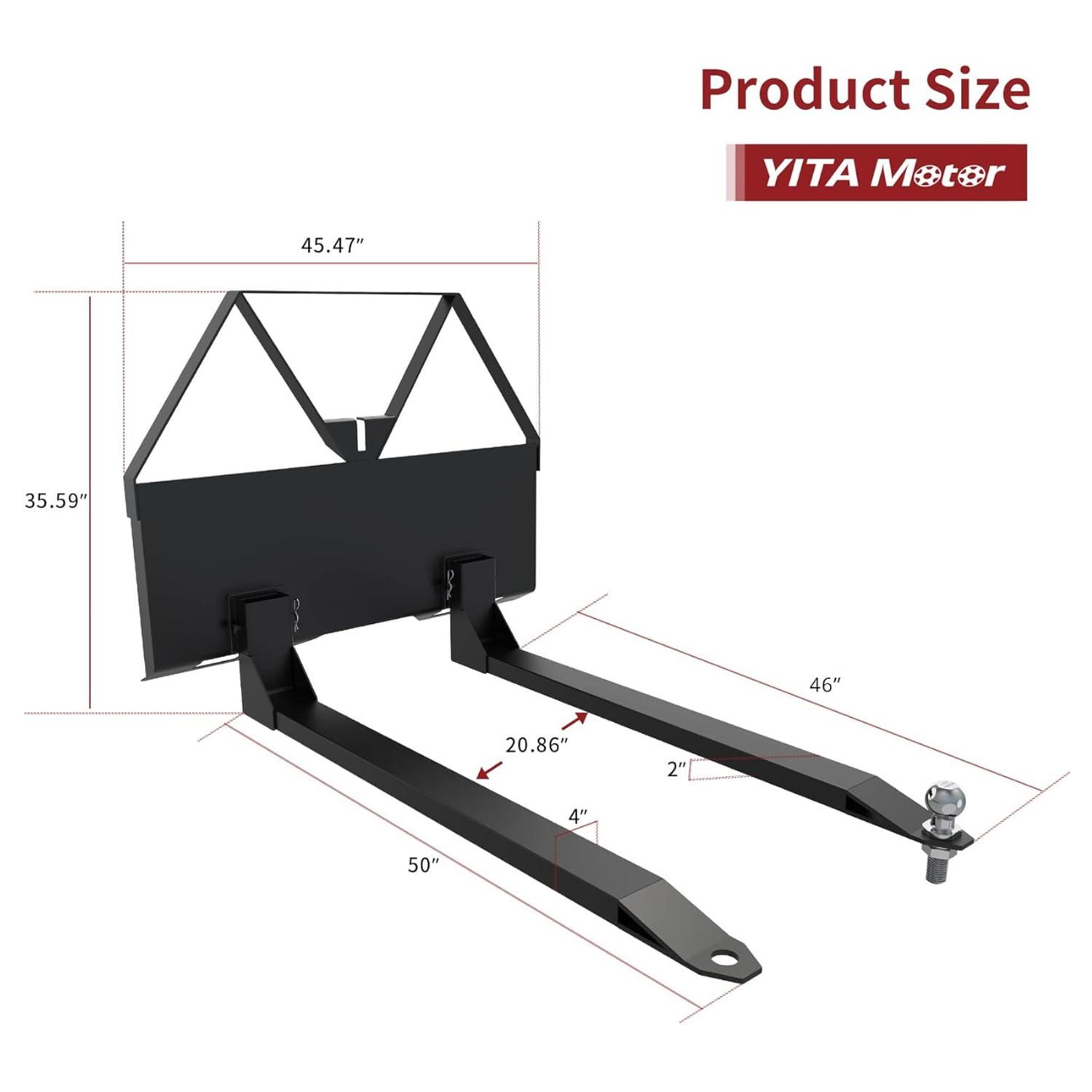 Side view of YITAMOTOR® 46" Pallet Fork 2000lbs Attachments for Tractors and Loaders