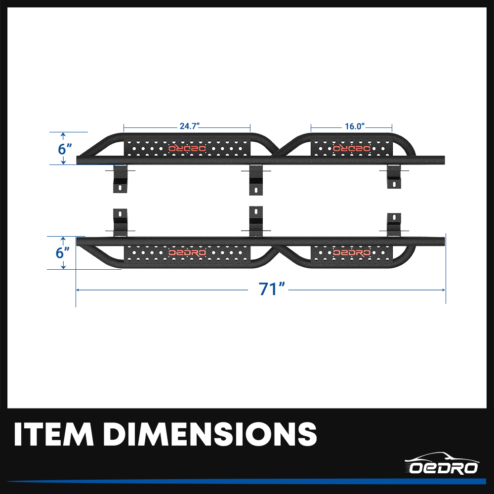 Side view of OEDRO All-Steel Build Running Boards Compatible with 2018-2026 Jeep Wrangler JL 4 Door, Bolt-on Side Steps with Leaf Shaped Design,Black Powder Coated