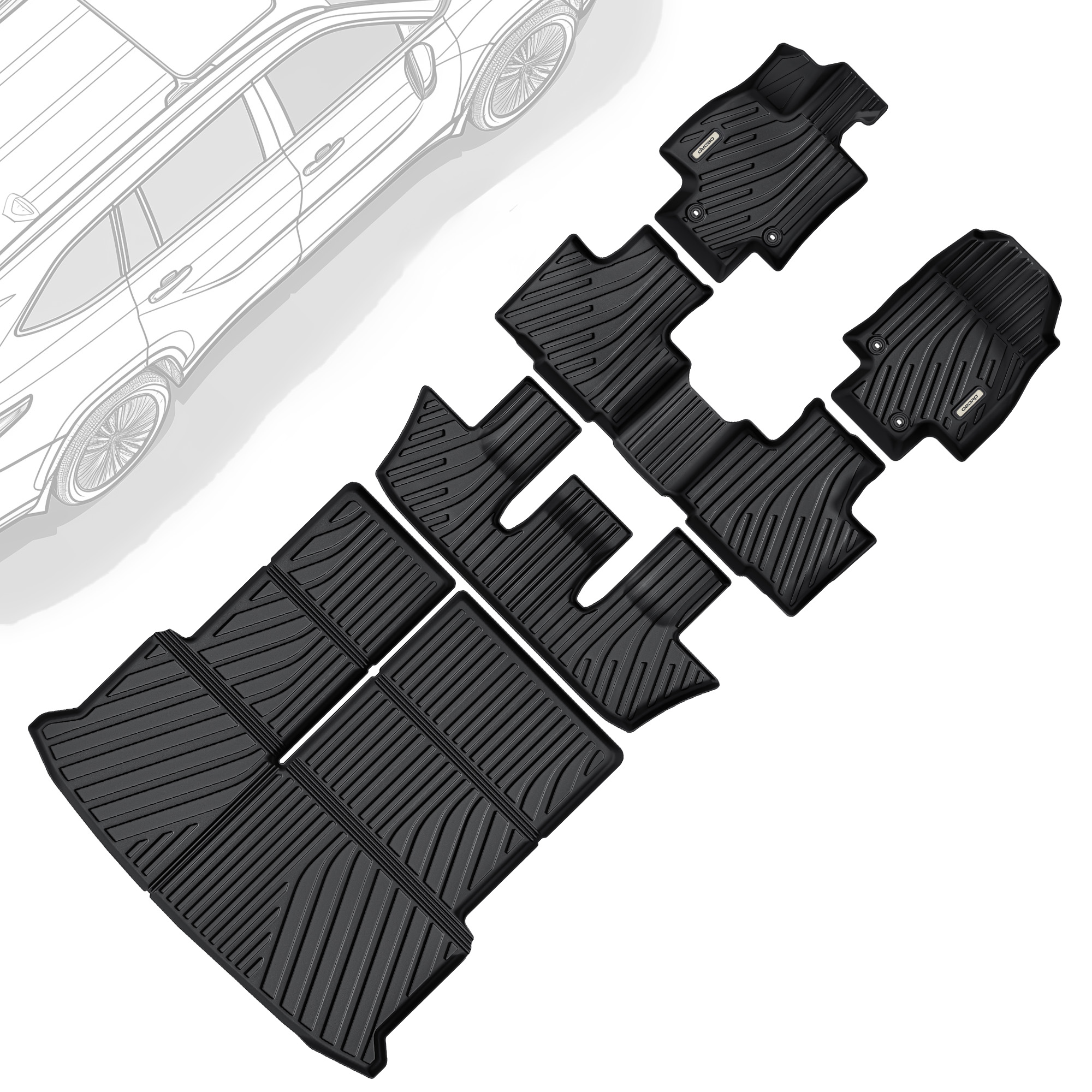 All-Weather TPE Floor Mats & Cargo Liner for 2024-2025 Toyota Grand Highlander w/Subwoofer 7 Seat (Include Hybrid) , Custom Fit Backrest Mat