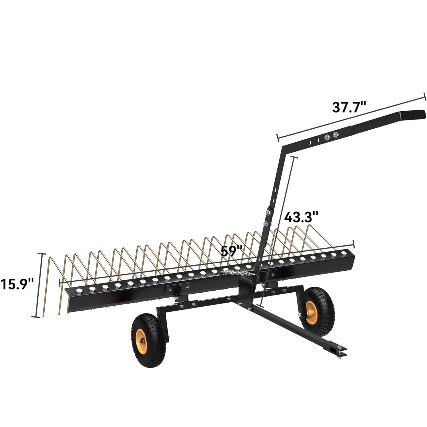 Side view of YITAMOTOR® 60" ATV Tow Behind Lawn Rake Durable Corrosion Resistant Steel Pine Straw Rake