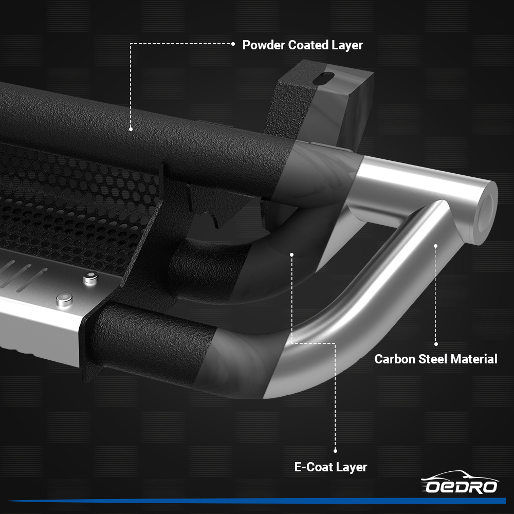 Side view of OEDRO 6" Running Boards for 2018-2026 Jeep Wrangler JL & Unlimited 4 Door, Black Silver Powder Coated Nerf Bar