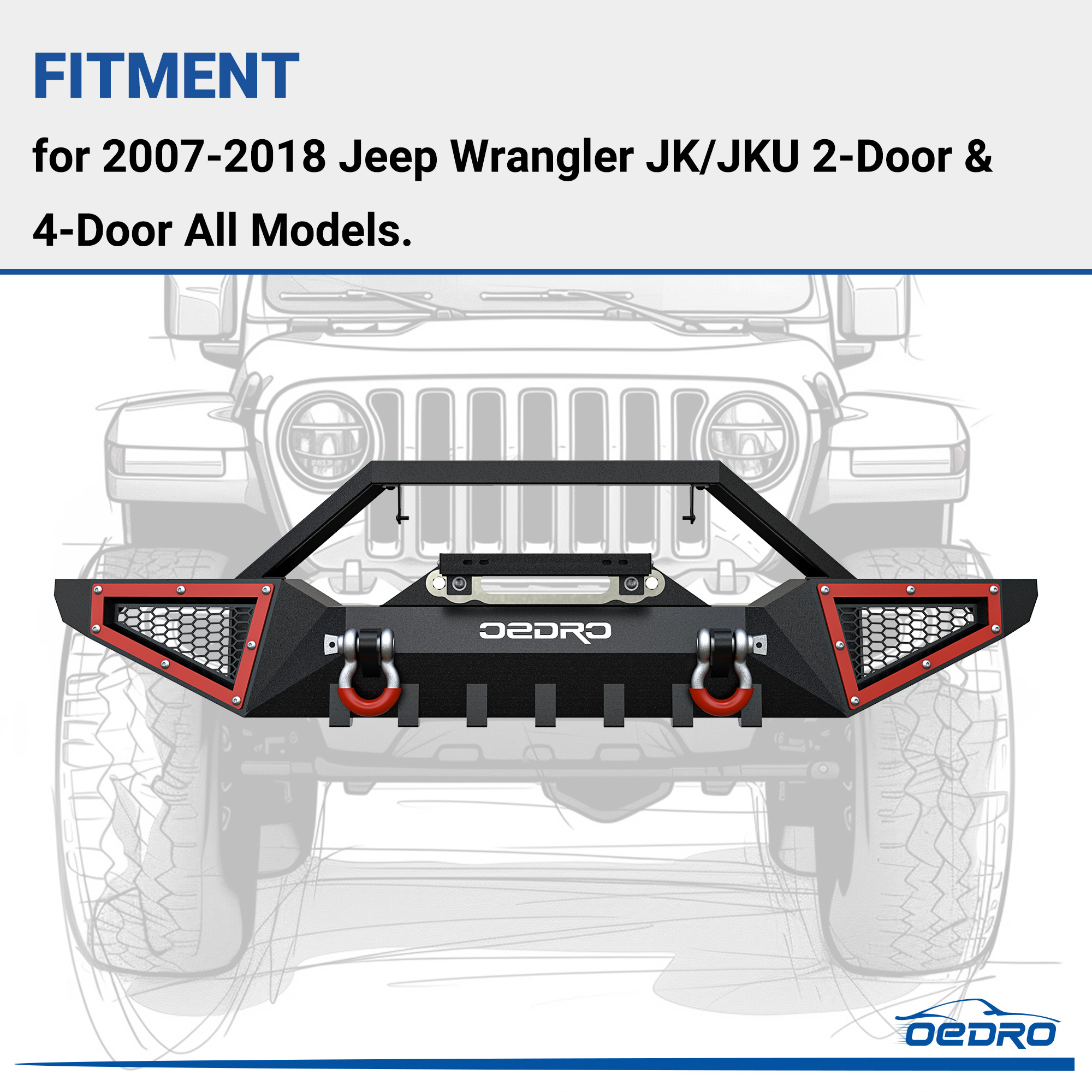 Side view of OEDRO Front Bumper for 2007-2018 Jeep Wrangler JK & Unlimited JKU 2/4 Doors