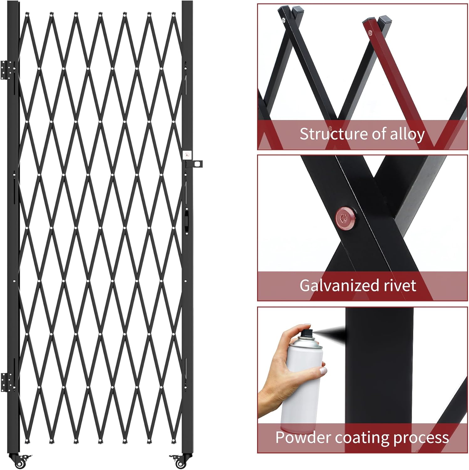 Side view of Double Folding Security Gate, 85" H x 150" W, Steel Accordion Design, 360° Rolling, Barricade Gate with Keys, Aluminium Mesh
