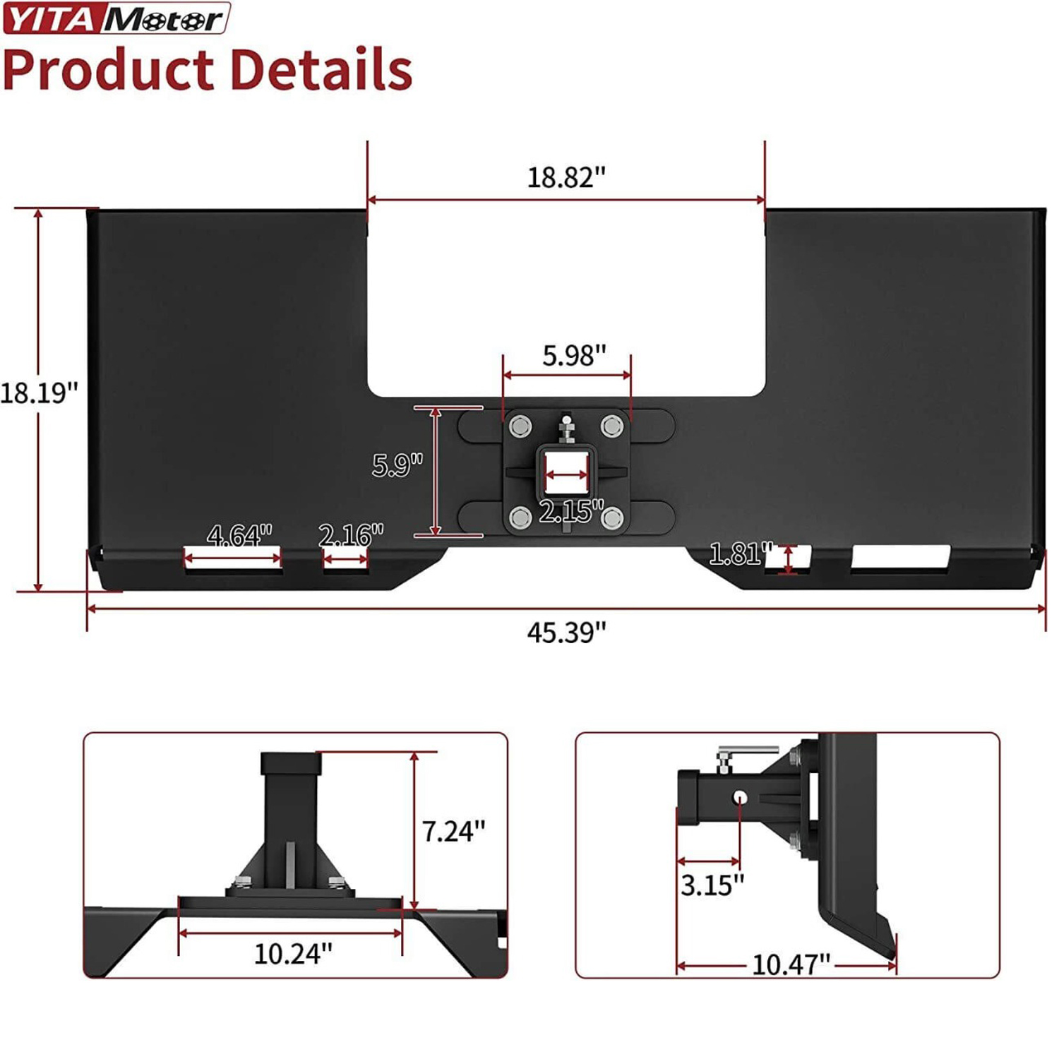 Side view of YITAMOTOR® 3/8" thick Mount Plate with 2" Removable Trailer Hitch Receiver