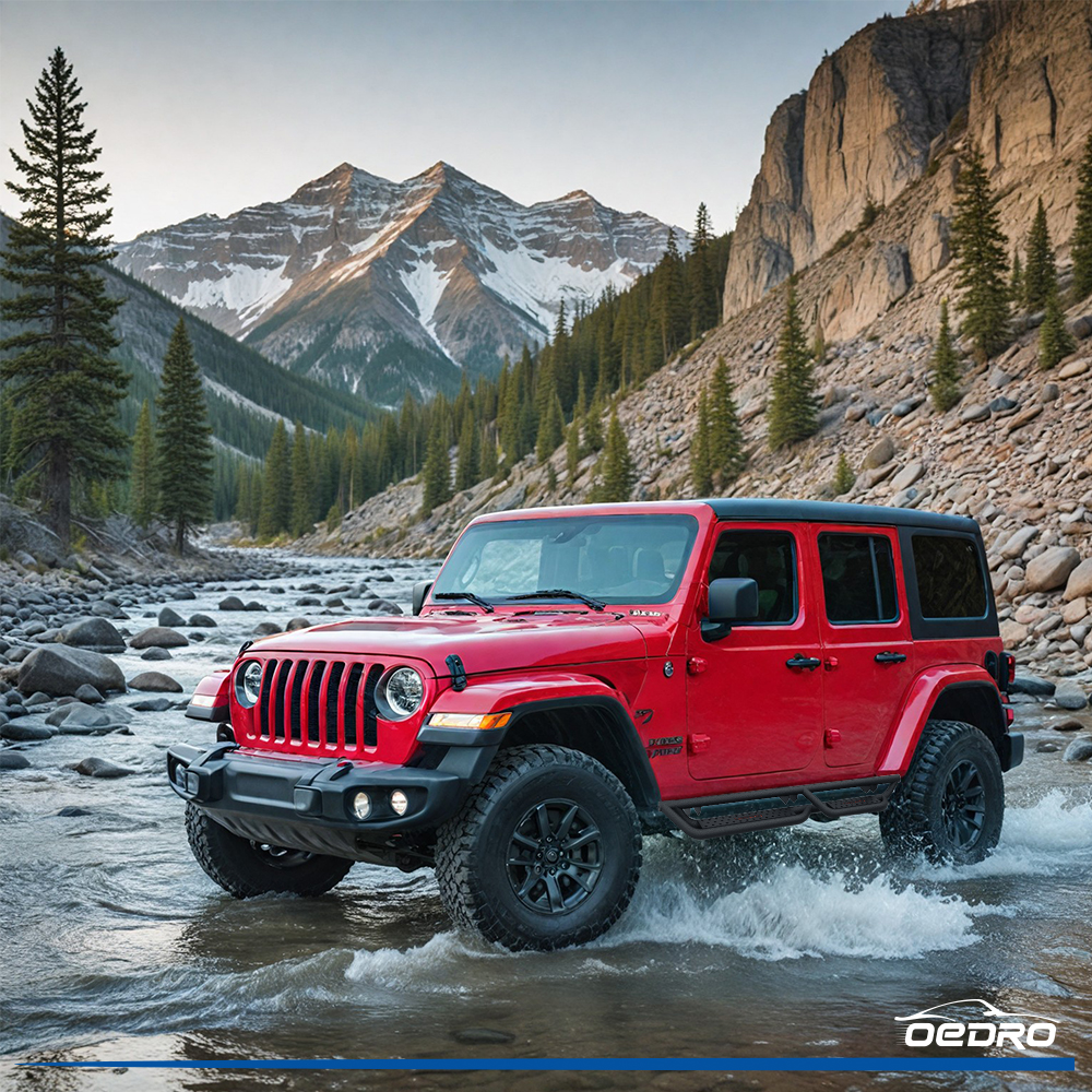 Side view of OEDRO All-Steel Build Running Boards Compatible with 2018-2026 Jeep Wrangler JL 4 Door, Bolt-on Side Steps with Leaf Shaped Design,Black Powder Coated