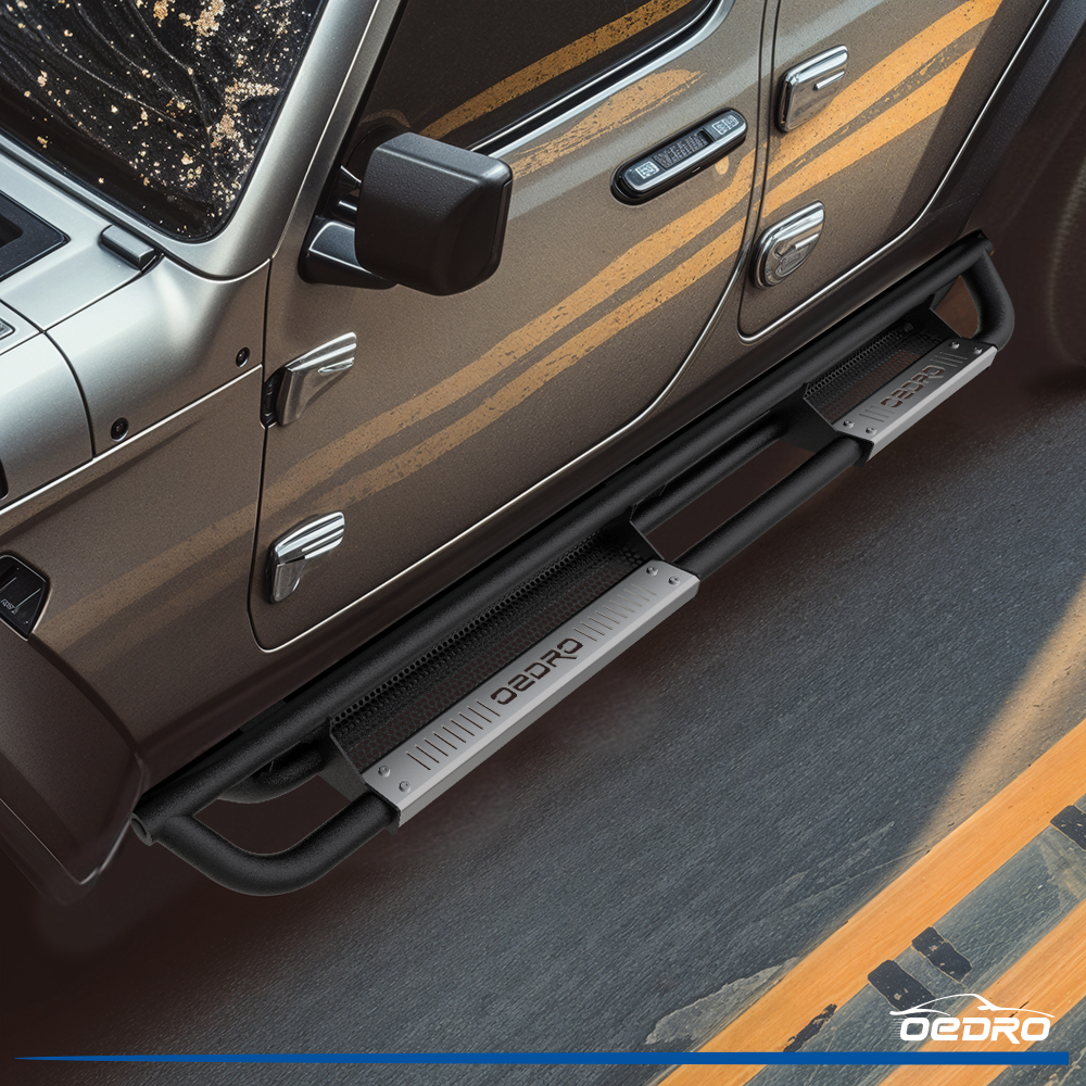 Side view of OEDRO 6" Running Boards for 2018-2026 Jeep Wrangler JL & Unlimited 4 Door, Black Silver Powder Coated Nerf Bar