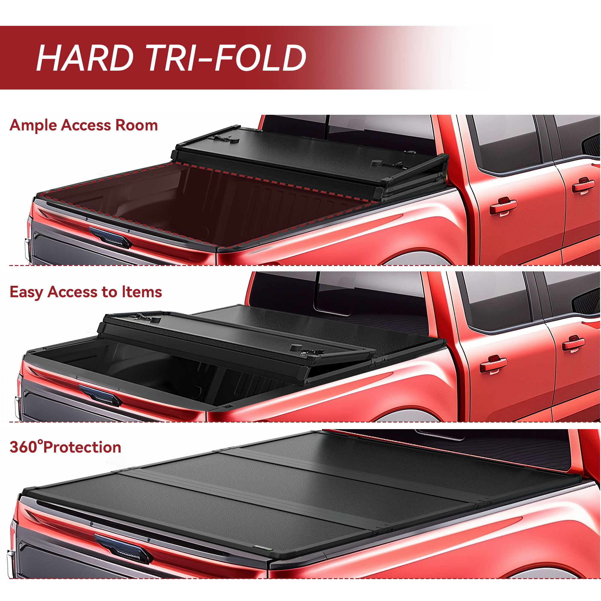 Side view of Hard Tri-fold Truck Bed Tonneau Cover Compatible with Jeep Gladiator 5ft Bed 2020 2021 2022 2023 2024 2025 2026 JT w/or w/o Trail Rail System