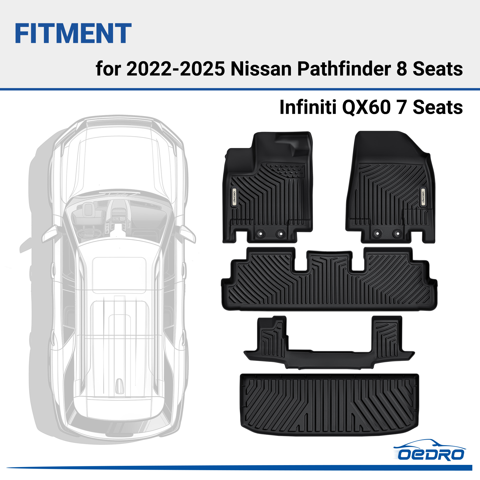 Side view of OEDRO Floor Mats & Cargo Liner Full-Set for 2022-2025 Nissan Pathfinder, Custom-Fit All-Weather TPE Full 3-Row Protection for 7-Passenger Models