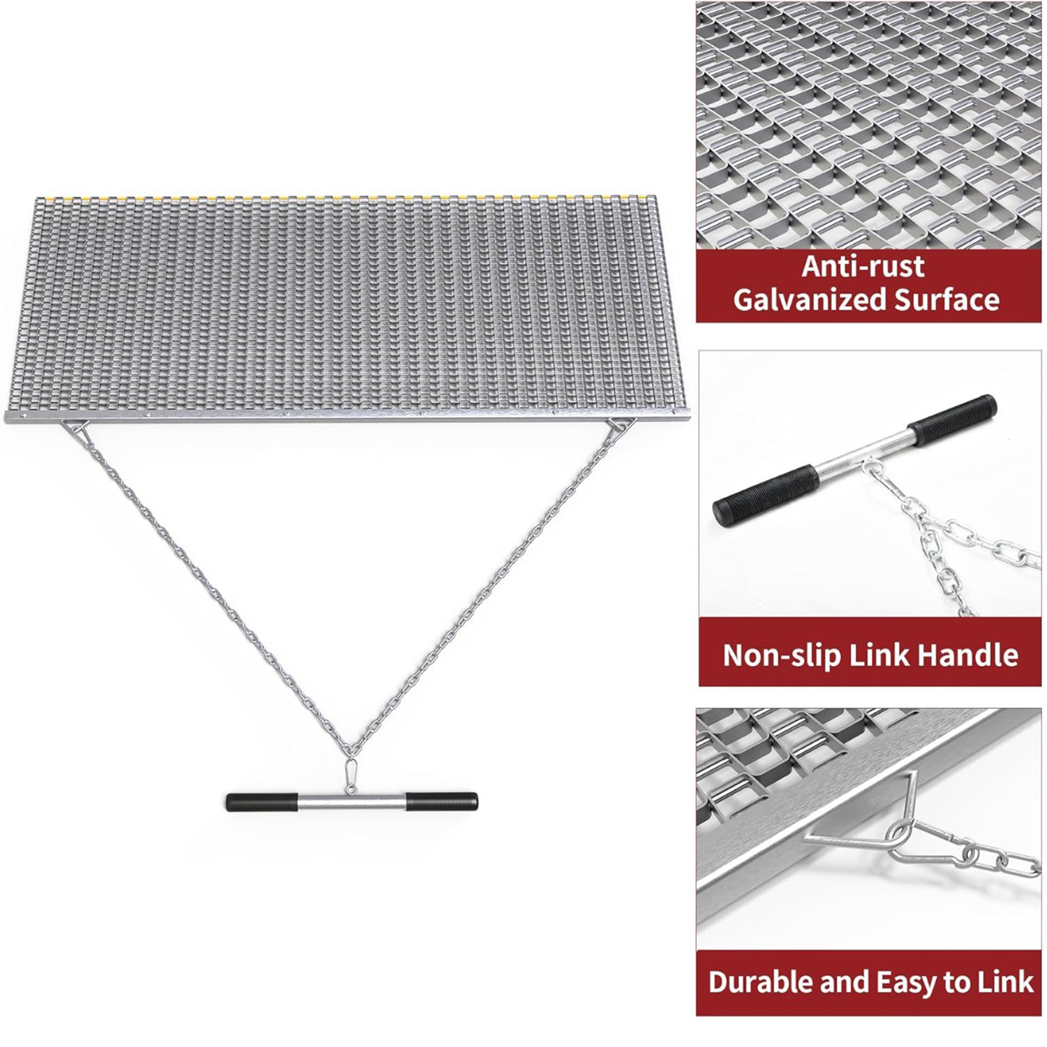 Side view of YITAMOTOR® ATV UTV 6 x 3 Feet Heavy Duty Durable Drag Mat Zinc and Steel Mesh Field Surface Leveling Drag Mat for Manual or Vehicle Pulling