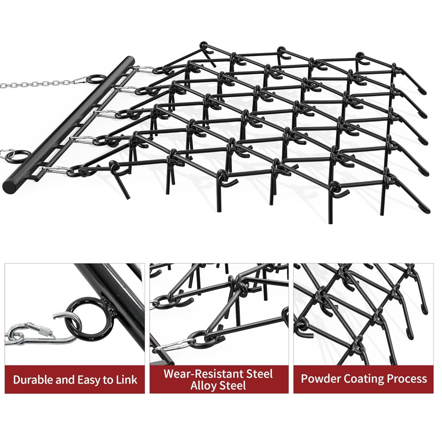 Side view of YITAMOTOR® 5 x 4.5 FT Heavy Duty Drag Harrow 1/2" Tines for ATV, UTVs, Lawn Tractors Leveling, Grading, Pastures, Breaking up Soil, BLACK