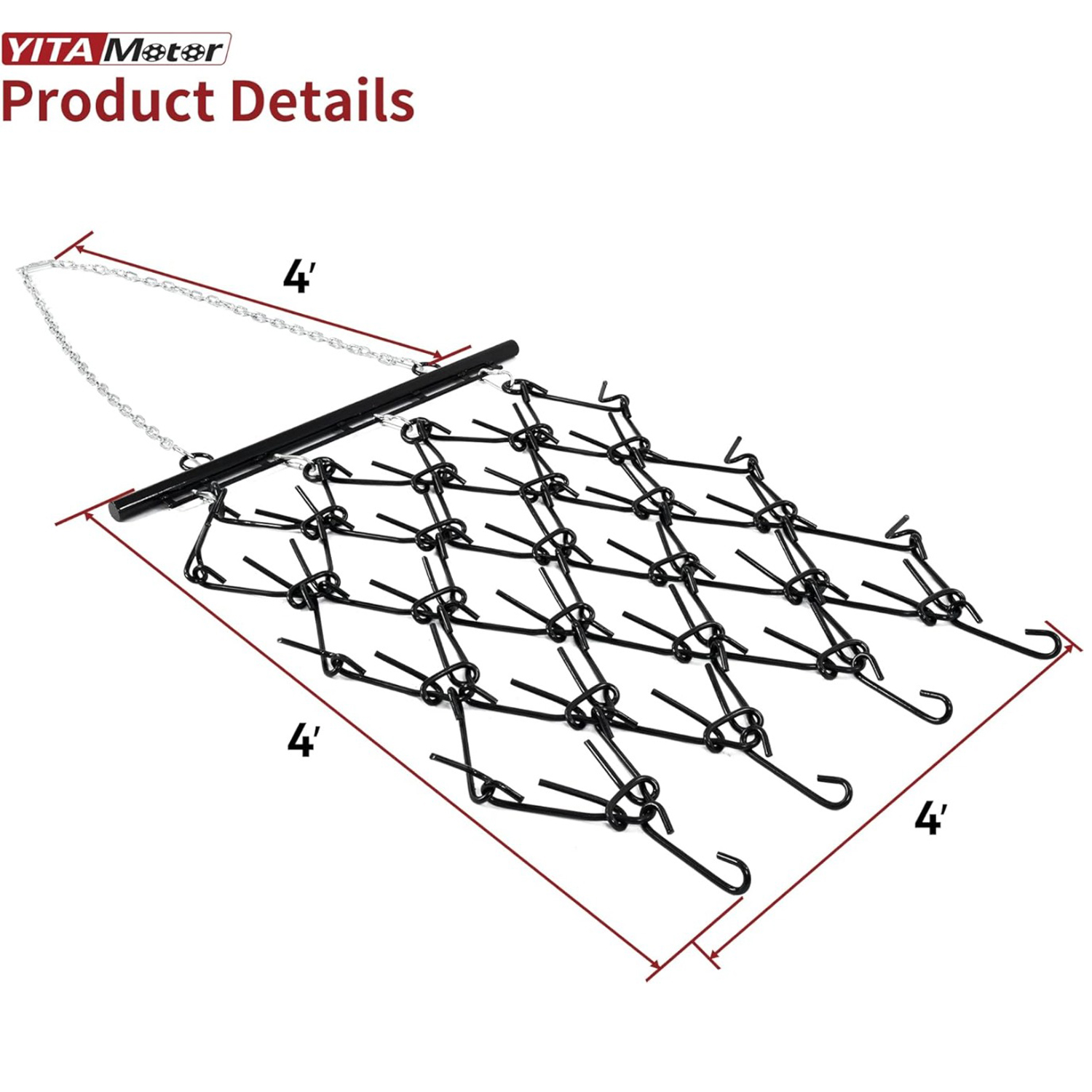 Side view of YITAMOTOR® Heavy Duty Drag Harrow 4'W x 4'L, 3/8in Tines for ATV, UTVs, Lawn Tractors Leveling, Grading, Pastures, Breaking up Soil