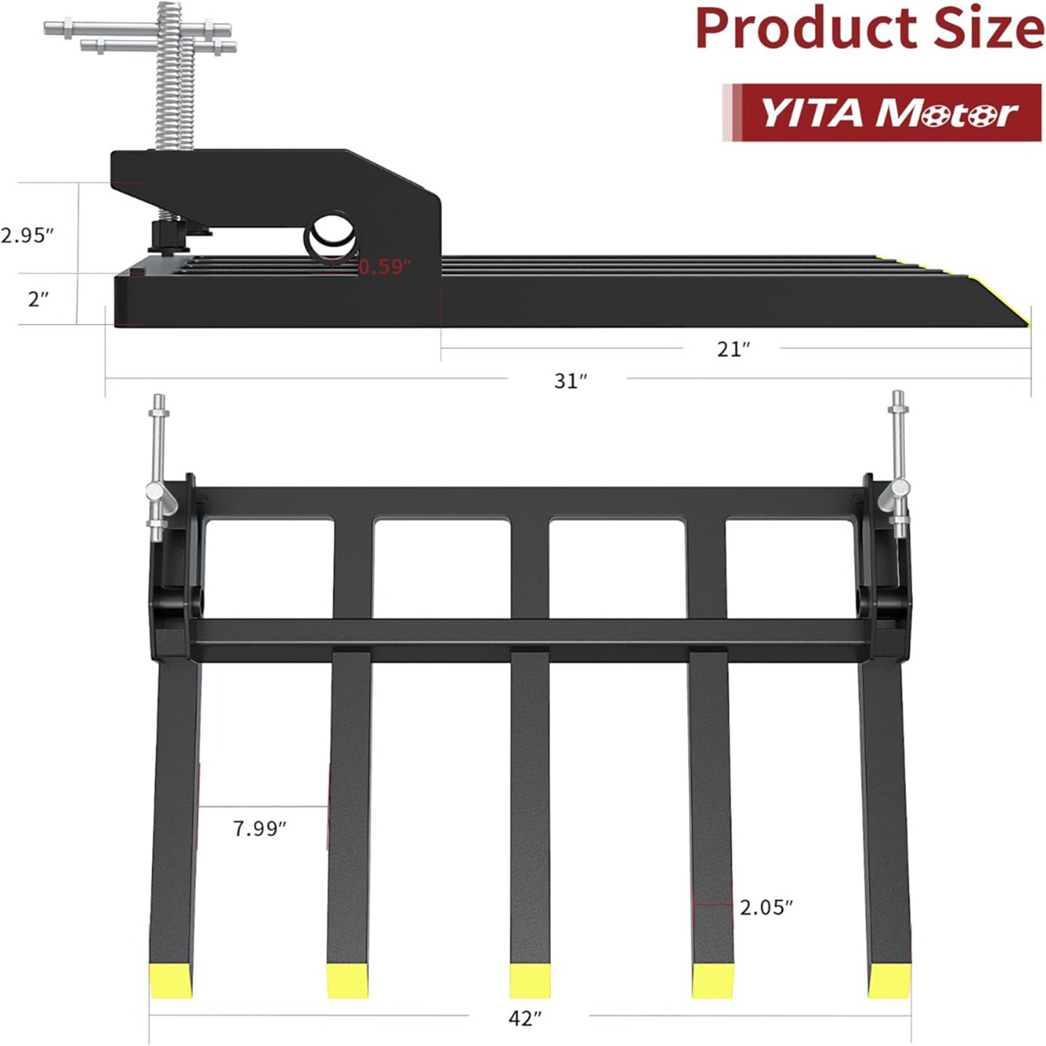 Side view of YITAMOTOR 48" Clamp-On Debris/Utility Forks, 2500 lb Capacity | Fits Skid Steer & Tractor Loader Buckets