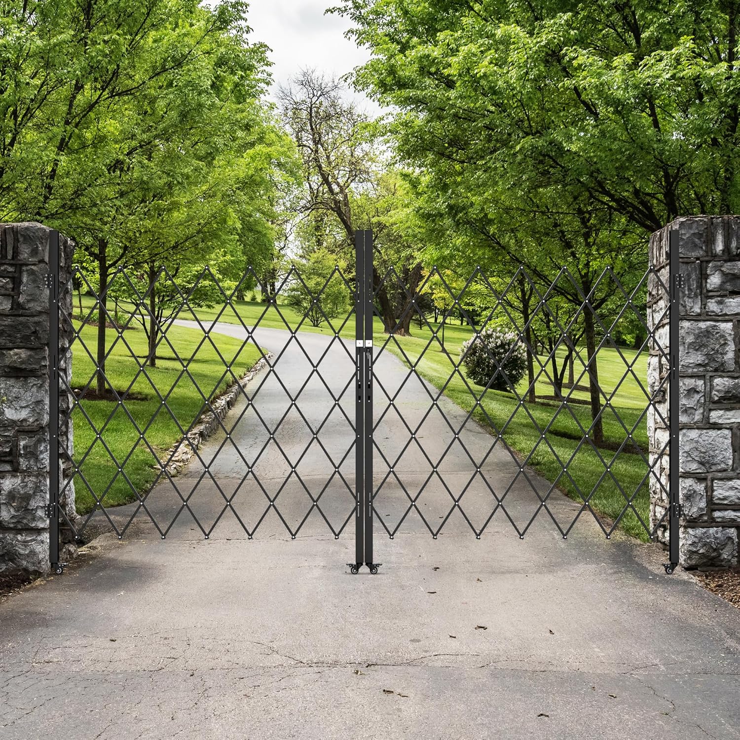 Side view of Double Folding Security Gate, 85" H x 150" W, Steel Accordion Design, 360° Rolling, Barricade Gate with Keys, Aluminium Mesh