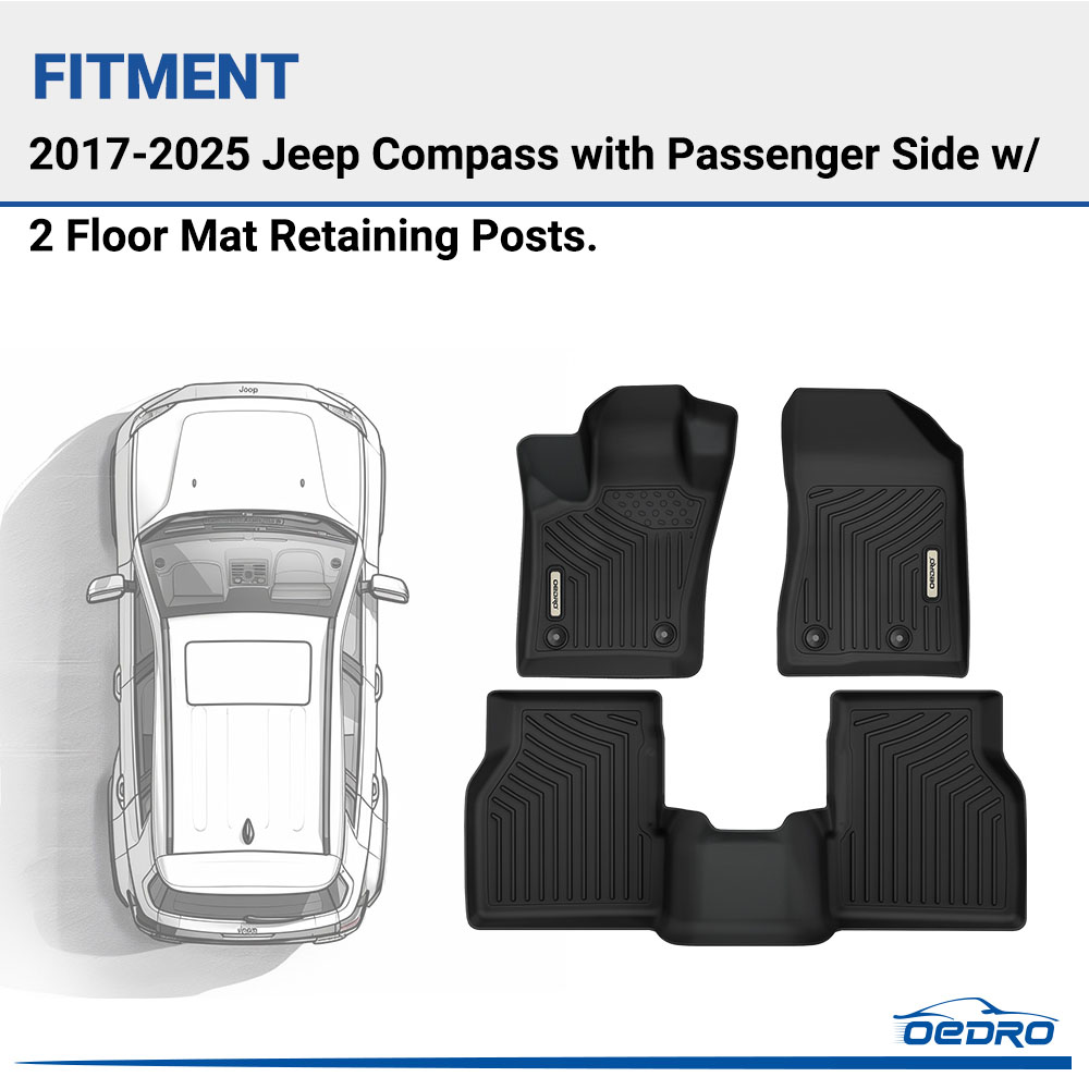 Side view of OEDRO Floor Mats for 2017-2025 Jeep Compass with Passenger Side w/ 2 Floor Mat Retaining Posts, TPE All-Weather Guard Full Set Liners