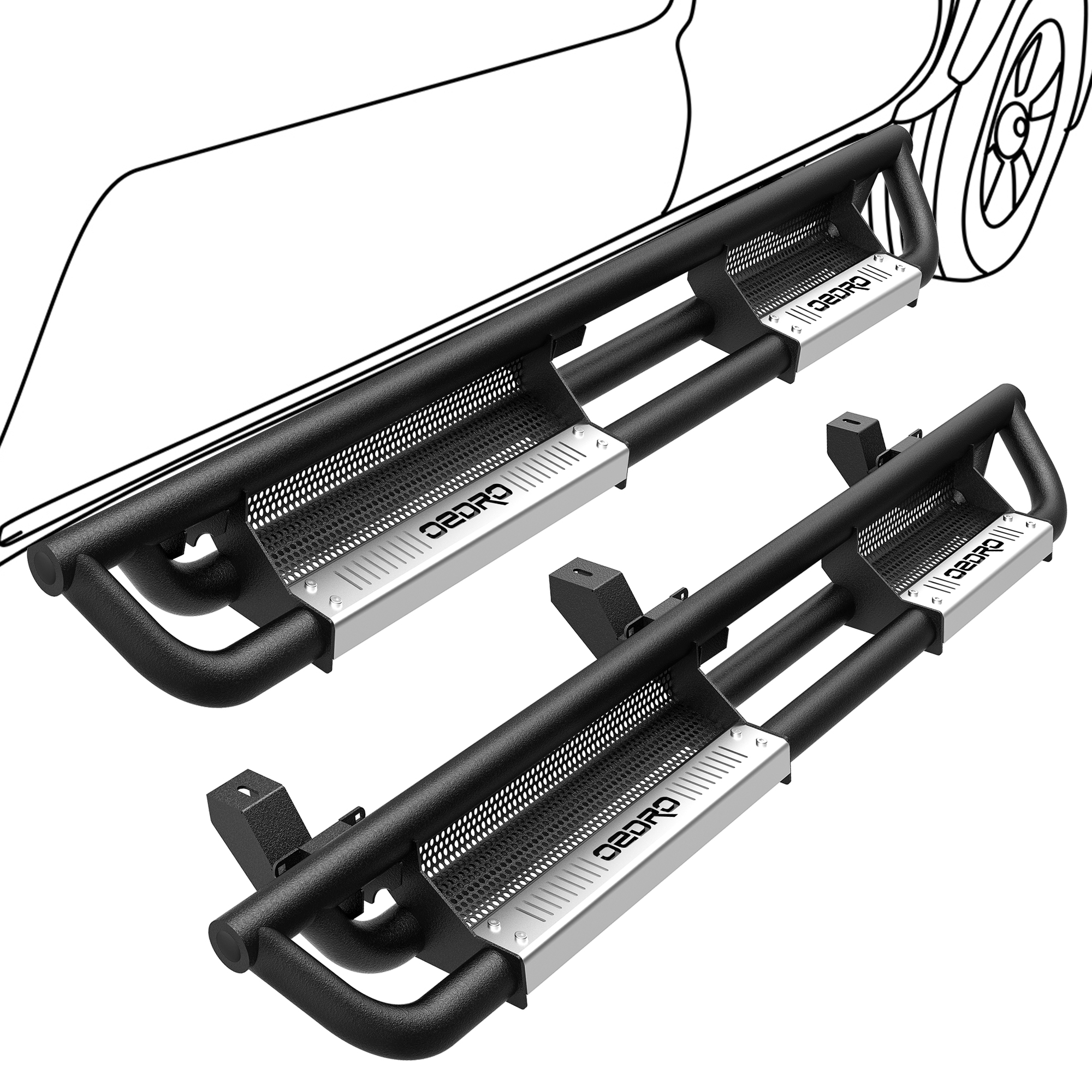 Side view of OEDRO 6" Running Boards for 2018-2026 Jeep Wrangler JL & Unlimited 4 Door, Black Silver Powder Coated Nerf Bar