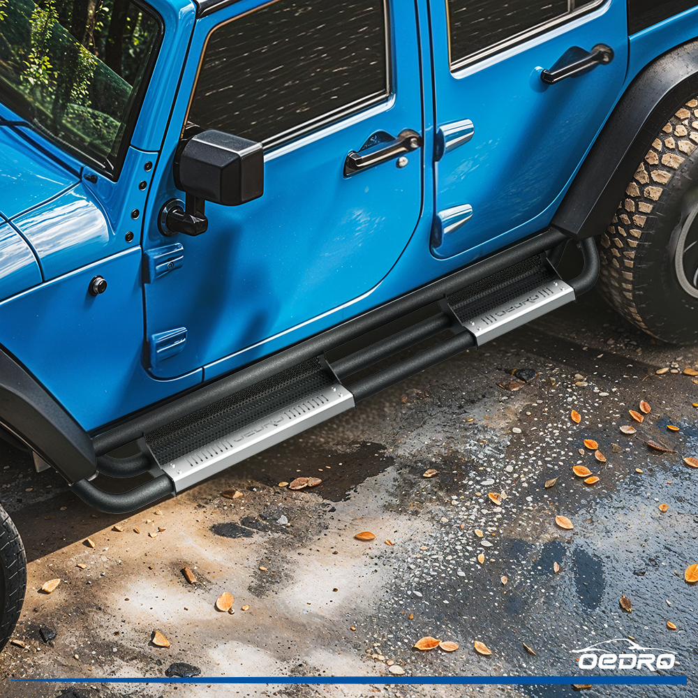 Side view of OEDRO 6" Running Boards for 2007-2018 Jeep Wrangler JK & Unlimited 4 Door, Black Silver Powder Coated Nerf Bar