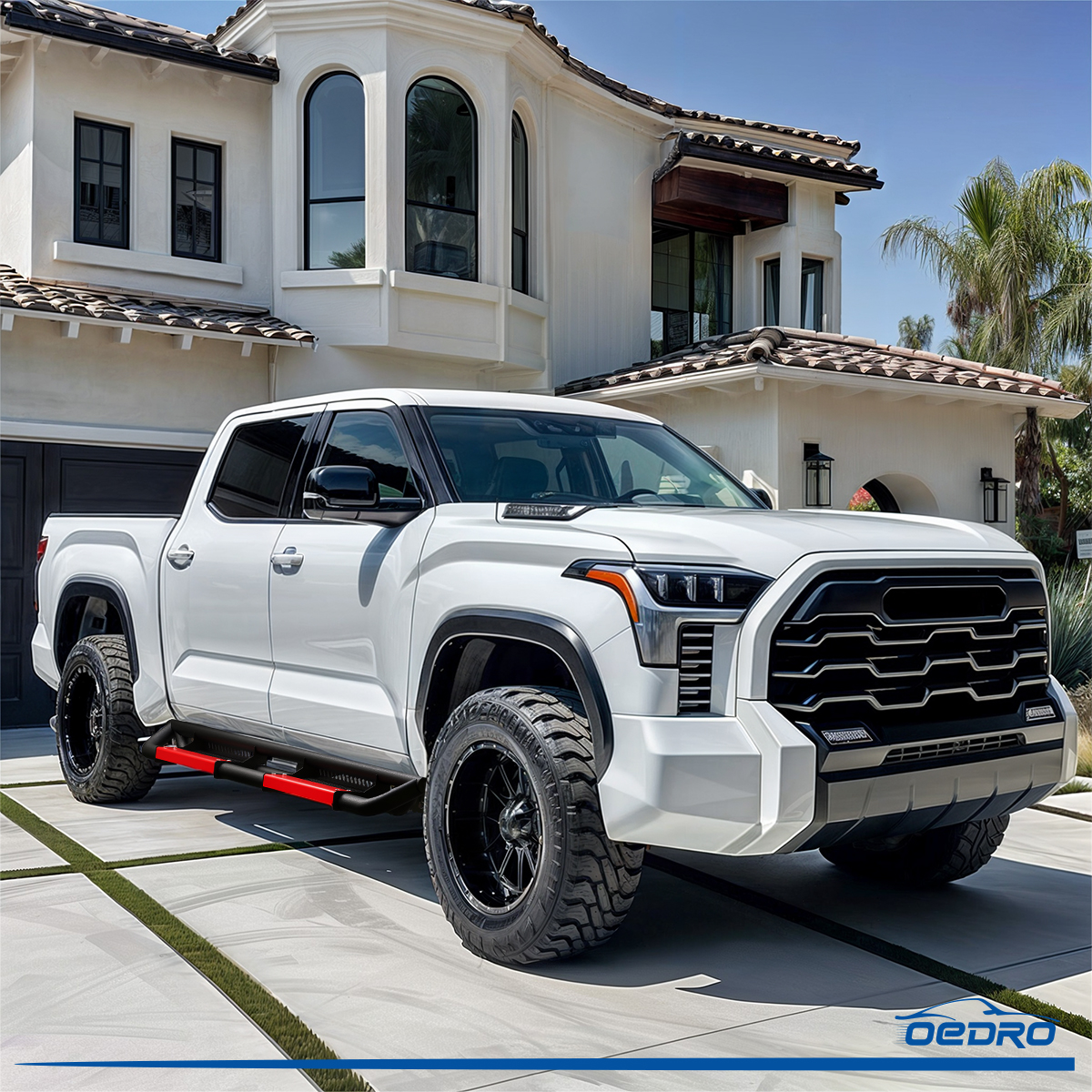 Side view of OEDRO Running Boards for 2022-2026 Toyota Tundra CrewMAX Cab, Powder Coated Black and High Gloss Red Bolt-on Side Steps
