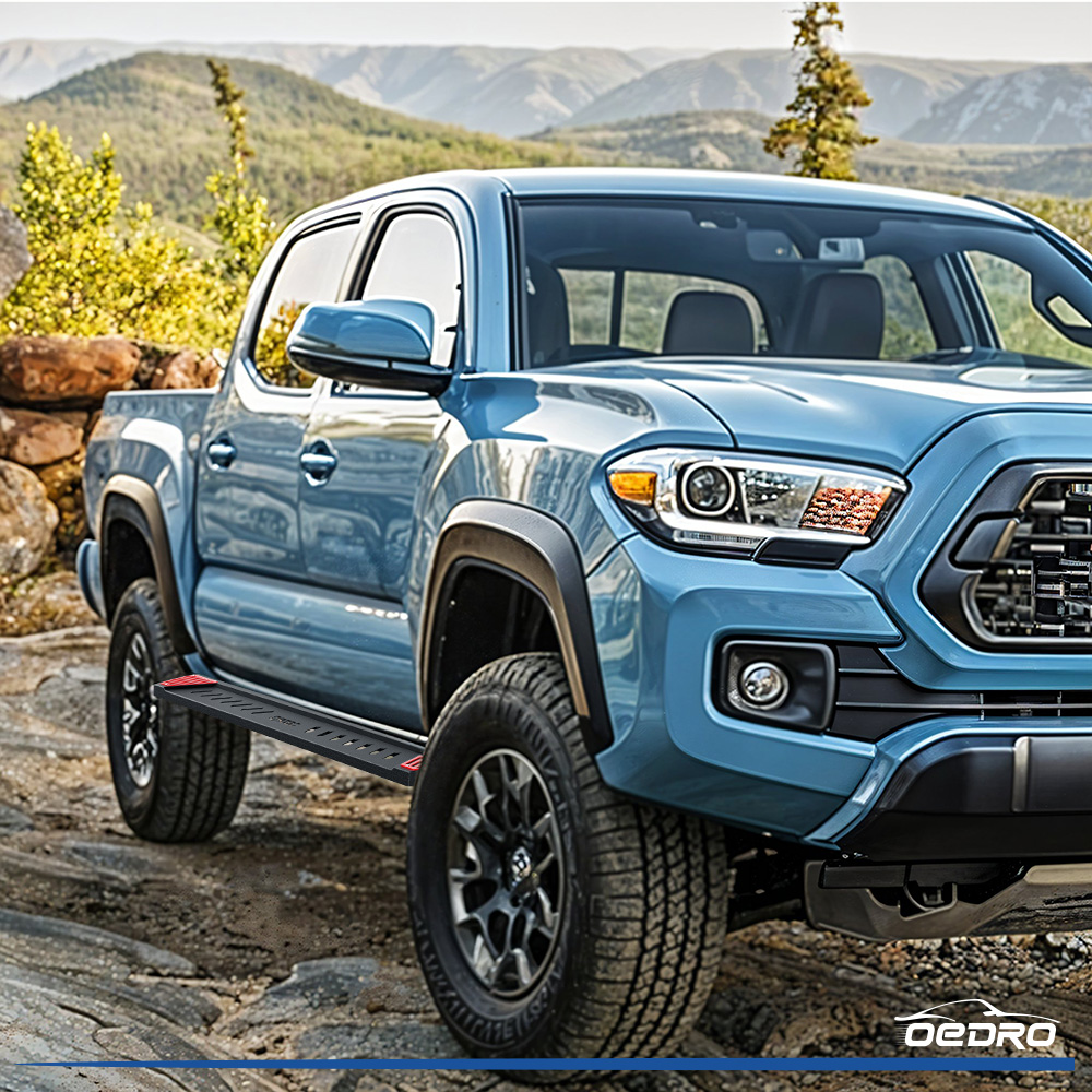 Side view of OEDRO 6.5" Running Boards Compatible with 2005-2023 Toyota Tacoma Double Cab/Crew Cab, Steel Side Steps Nerf Bars Rails, Black and Red
