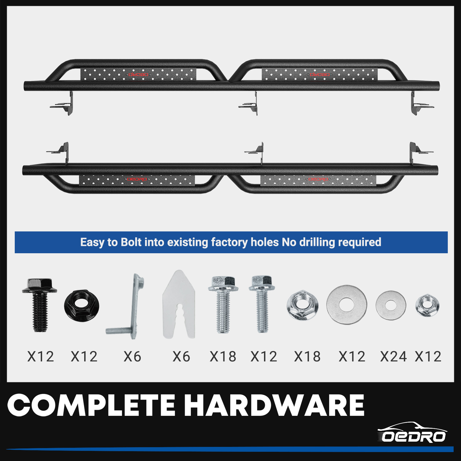 Side view of OEDRO Running Boards for 2009-2018 Dodge Ram 1500, 2019-2023 1500 Classic, 2010-2022 2500/3500 Crew Cab