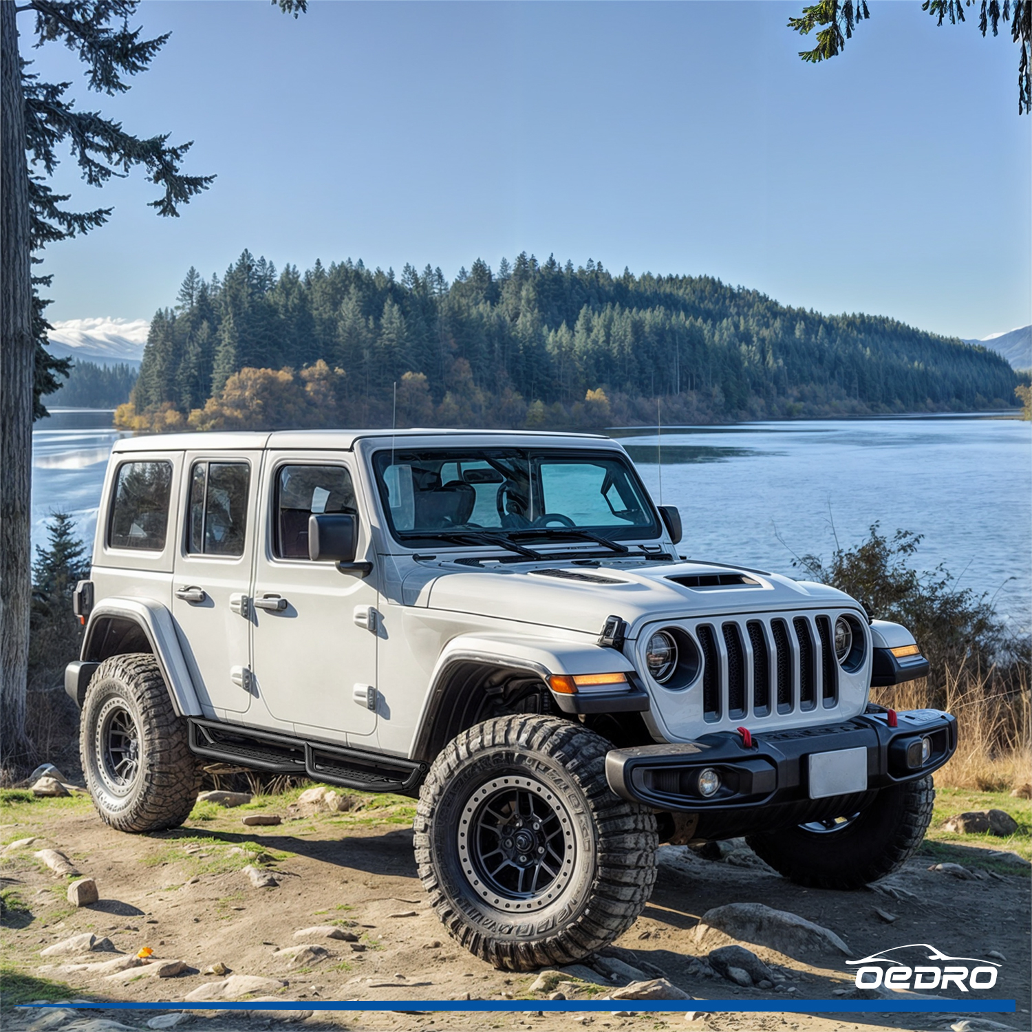 Side view of OEDRO 6" Running Boards for 2007-2018 Jeep Wrangler JK 4 Door, Bolt-on Black Powder Coated Side Steps
