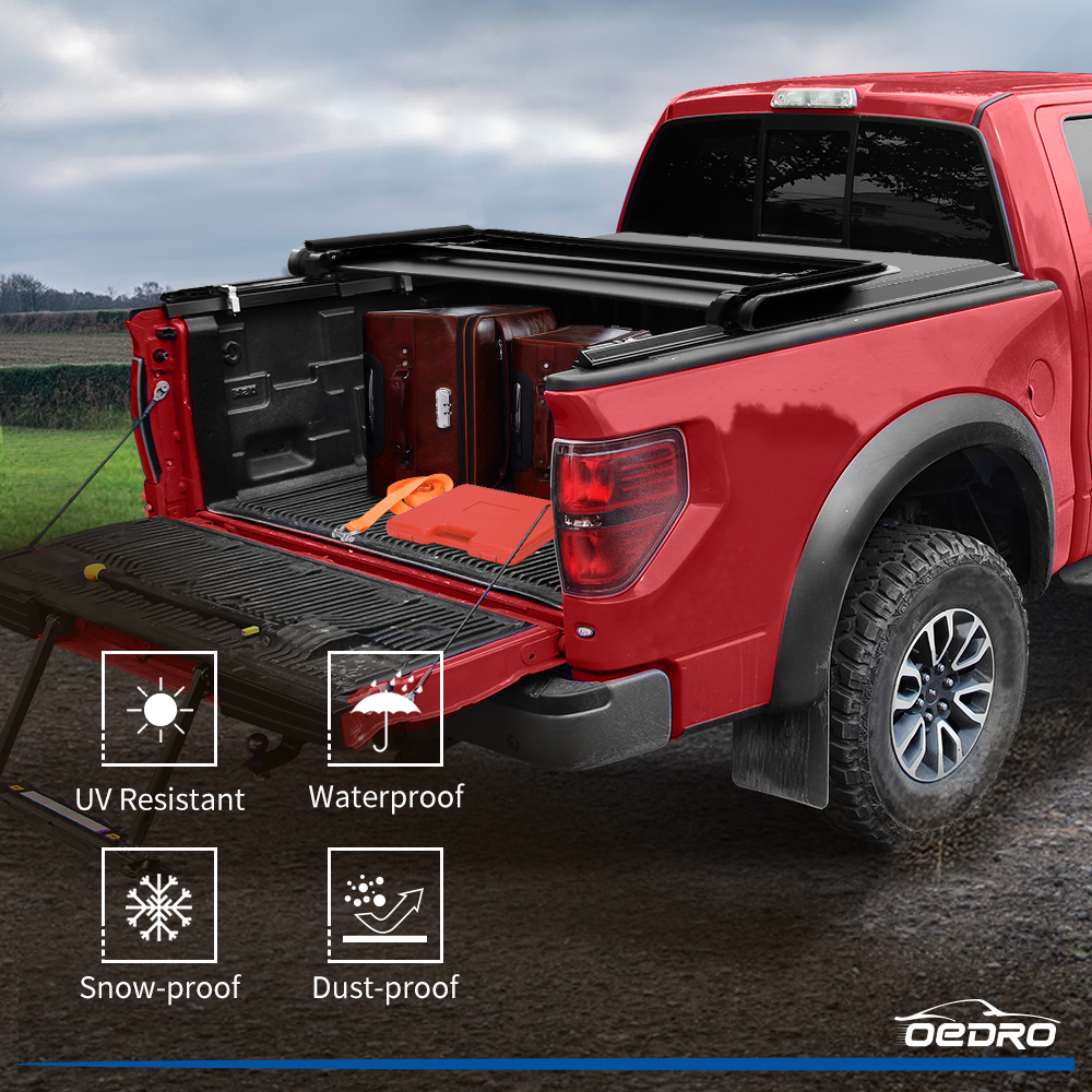 Side view of OEDRO 5.5FT Soft Quad-Fold Tonneau Cover | Weatherproof Truck Bed Cover | Fits 2015-2026  Ford F-150 5.5FT Truck Bed