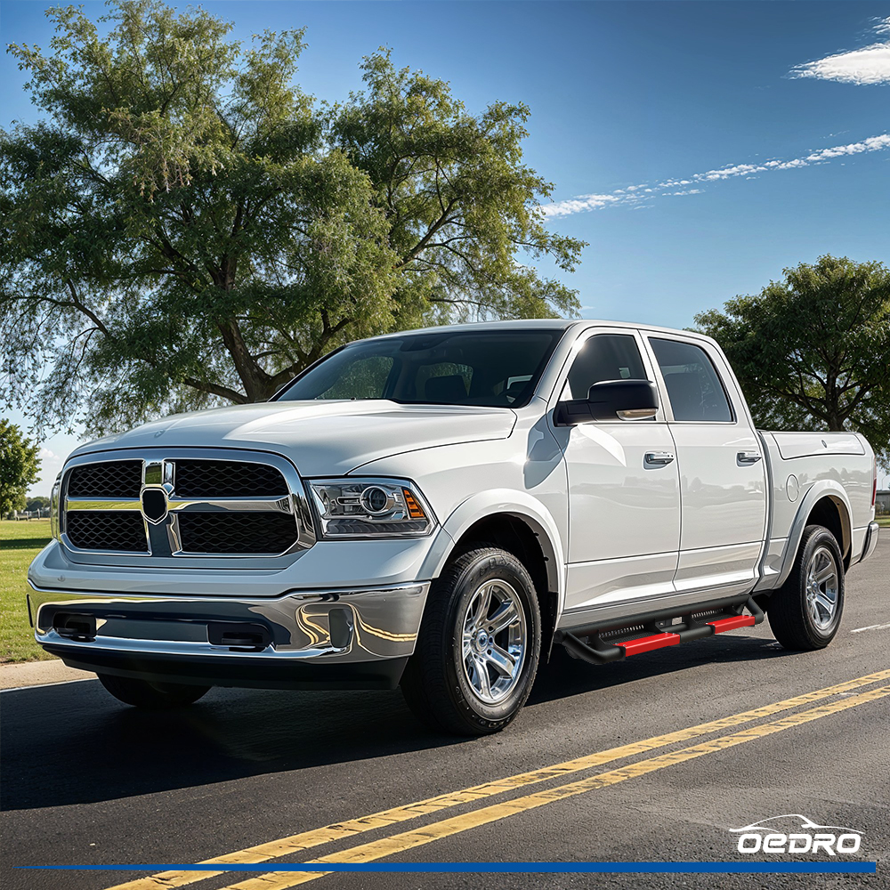 Side view of OEDRO® Running Boards for 2009-2018 Dodge Ram 1500 Crew Cab, 2019-2024 Dodge Ram 1500 Classic, 2010-2024 Dodge Ram 2500/3500