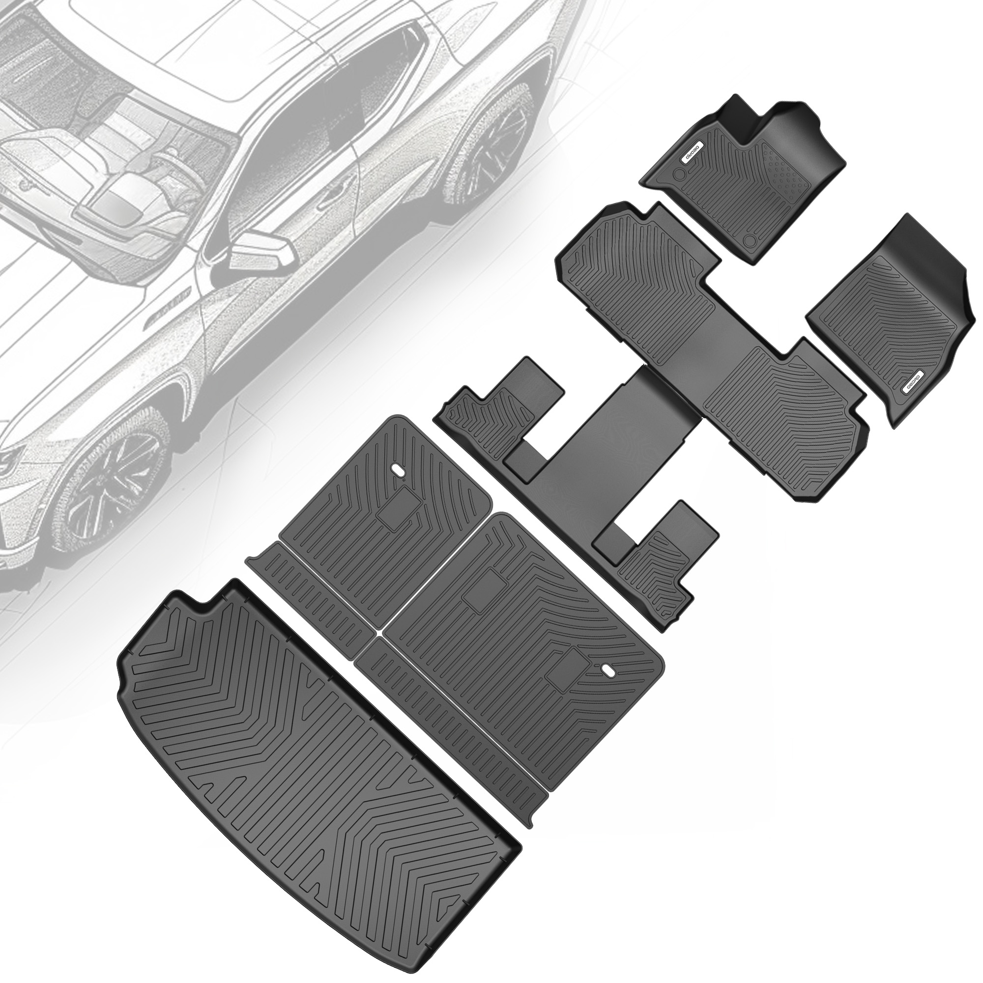 Side view of OEDRO Floor Mats & Cargo Liner Fits for 2018-2025 Chevy Traverse, Custom-Fit TPE All-Weather Protection for 7-Seater with 2nd Row Bucket Seats