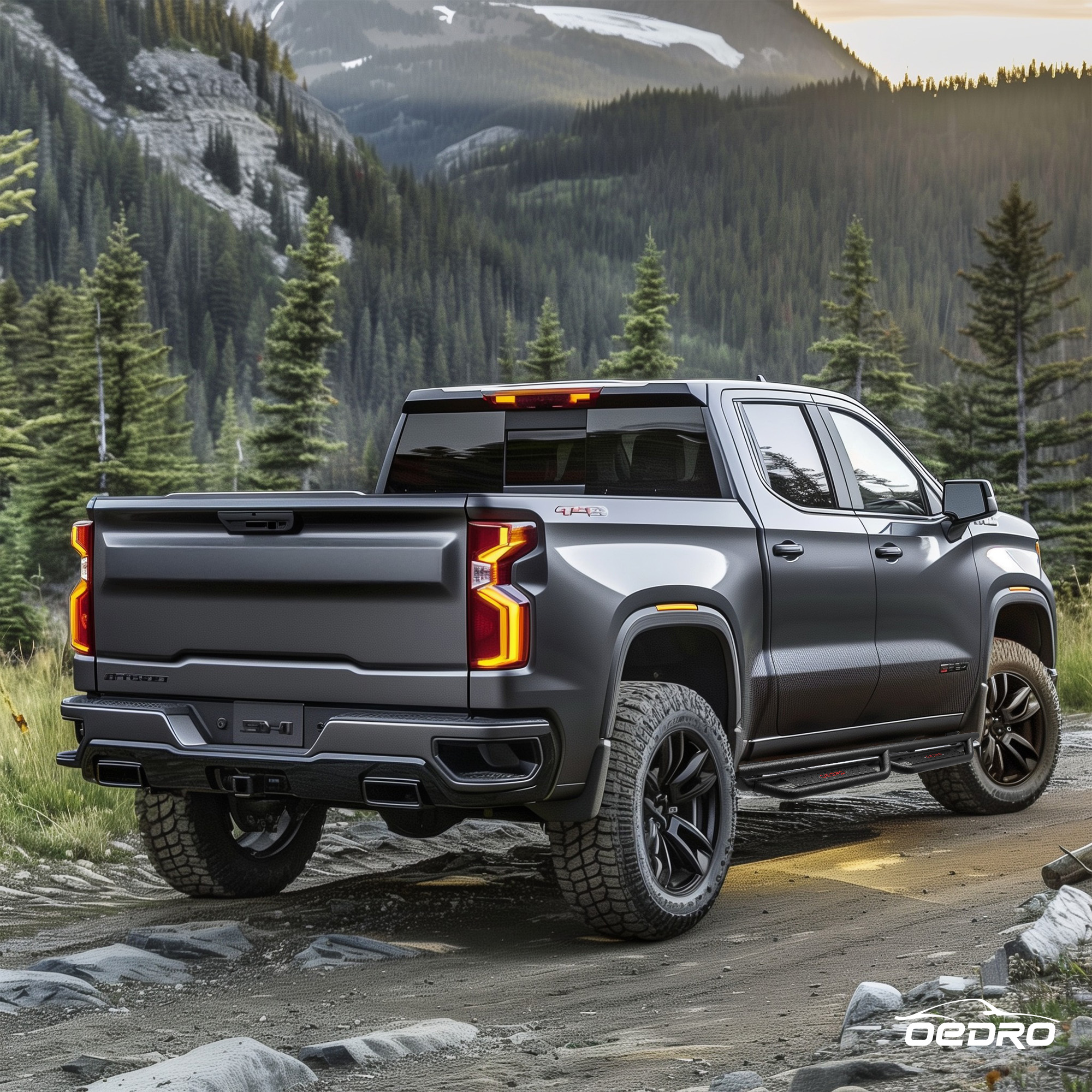 Side view of OEDRO 6'' Running Boards for 2019-2026 Chevy Silverado/GMC Sierra 1500, 2020-2026 Chevy Silverado/GMC 2500HD 3500HDCrew Cab(Excl. 2019 1500LD/Limited)