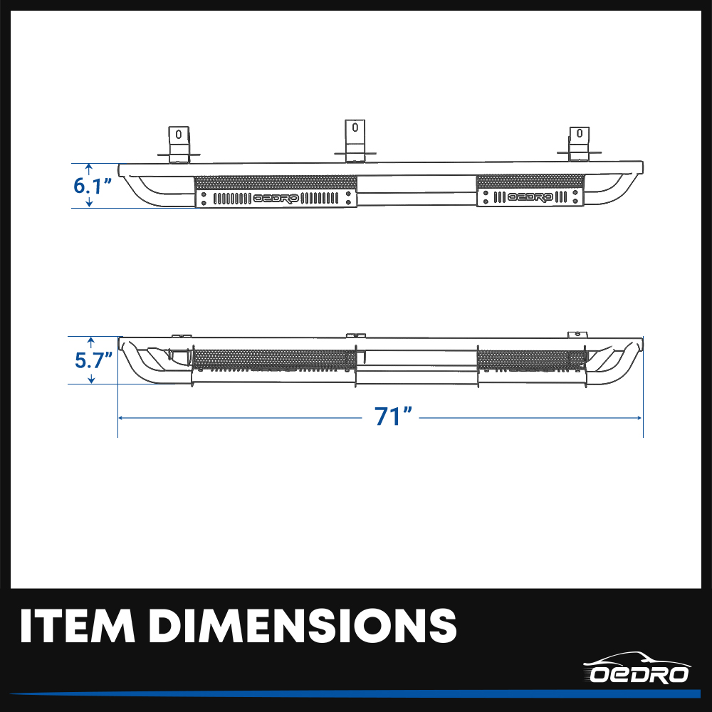 Side view of OEDRO 6" Running Boards for 2007-2018 Jeep Wrangler JK & Unlimited 4 Door, Black Silver Powder Coated Nerf Bar