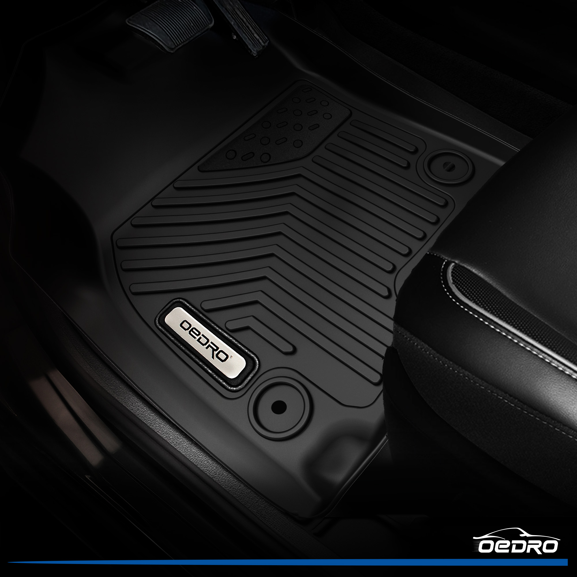Side view of OEDRO Floor Mats for 2019-2024 Dodge Ram 1500 New Body Crew Cab (NOT for Classic Models), Front Row Bucket Seats, with Under Seat Storage Box
